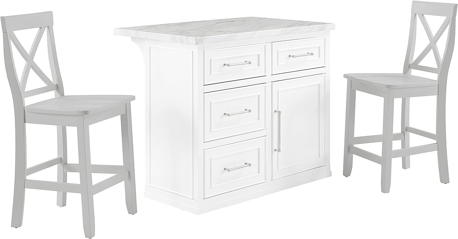 Cutler Faux Marble Top Kitchen Island W, X-Back Stools White, Gray - Kitchen Island & 2 Stools