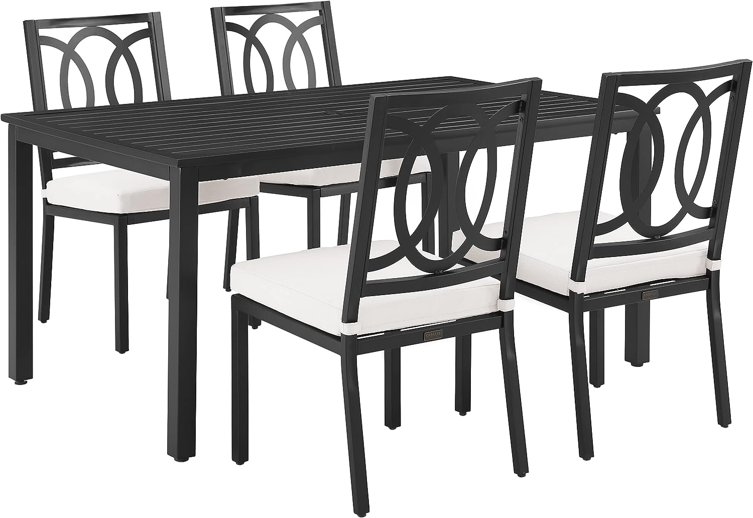 Chambers 5Pc Dining Set: Exquisite, Weather-Resistant Steel Chairs With Interlocking Oval Pattern. Removable Cushions. Umbrella Hole. Elegant & Relaxing.