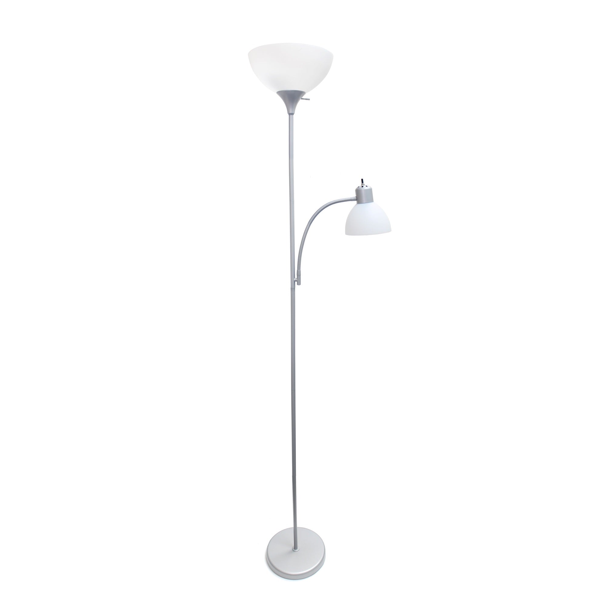 Creekwood Home Essentix 71.5' Tall Traditional 2 Light Mother Daughter Metal Floor Lamp With Torchiere And Reading Light Plastic Shades For Home Dcor, Study, Living Room, Office, Dorm, Bedroom, Entryway, Hallway, Silver