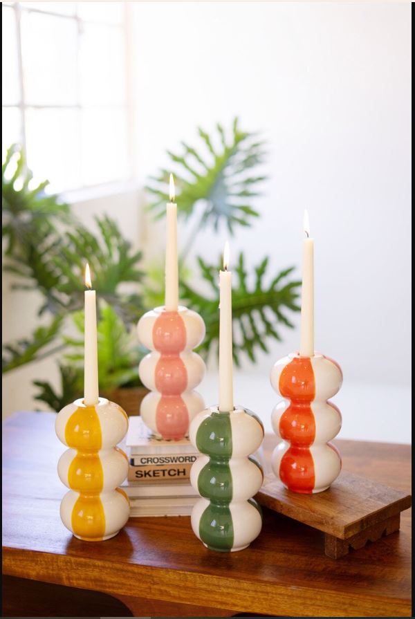 Set of 4 Ceramic Striped Taper Candle Holders