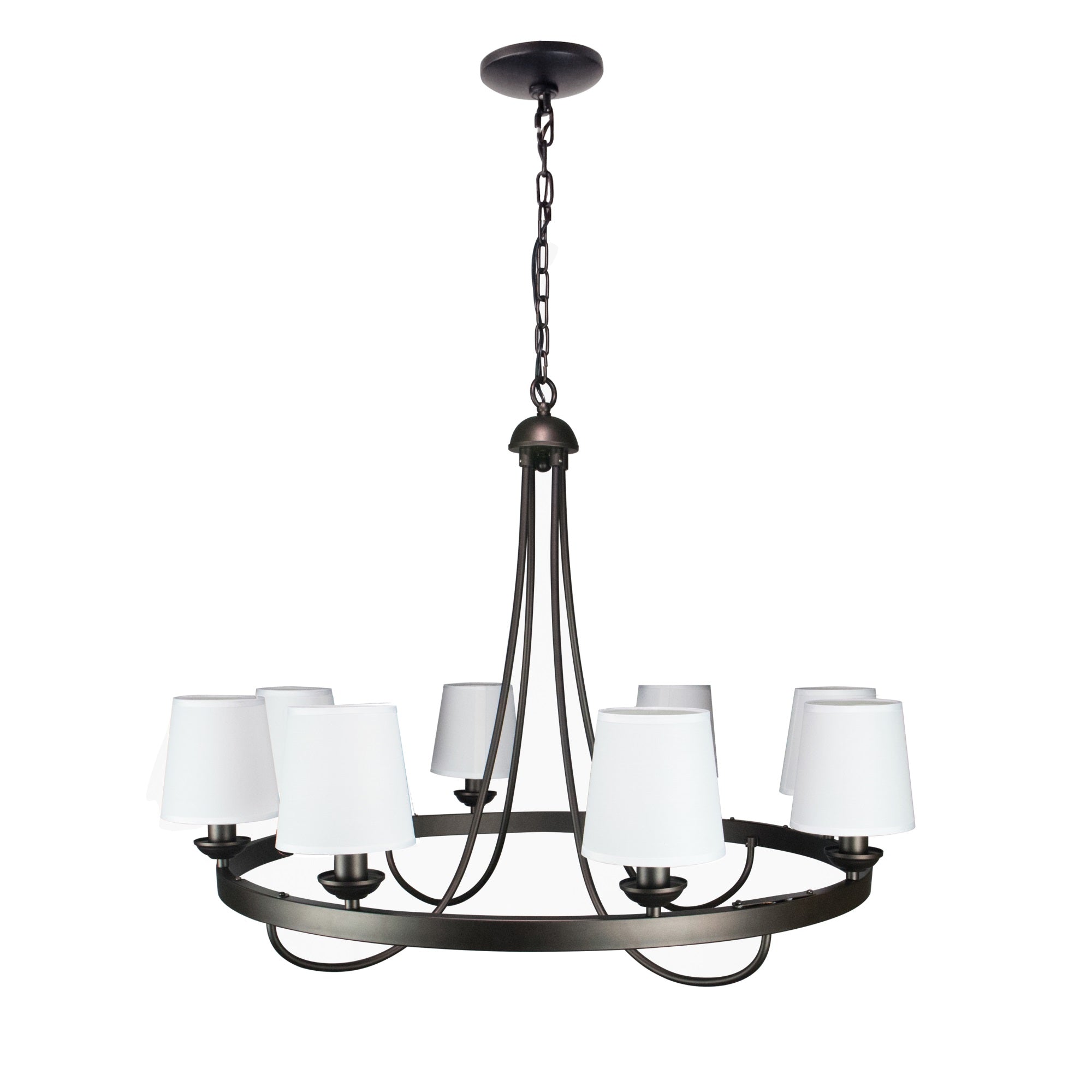 Baden Rustic Wagon Wheel Light Fixture With 8 Bulb And White Fabric Shades, Overhead Lighting With Vintage Black Frame For Foyer