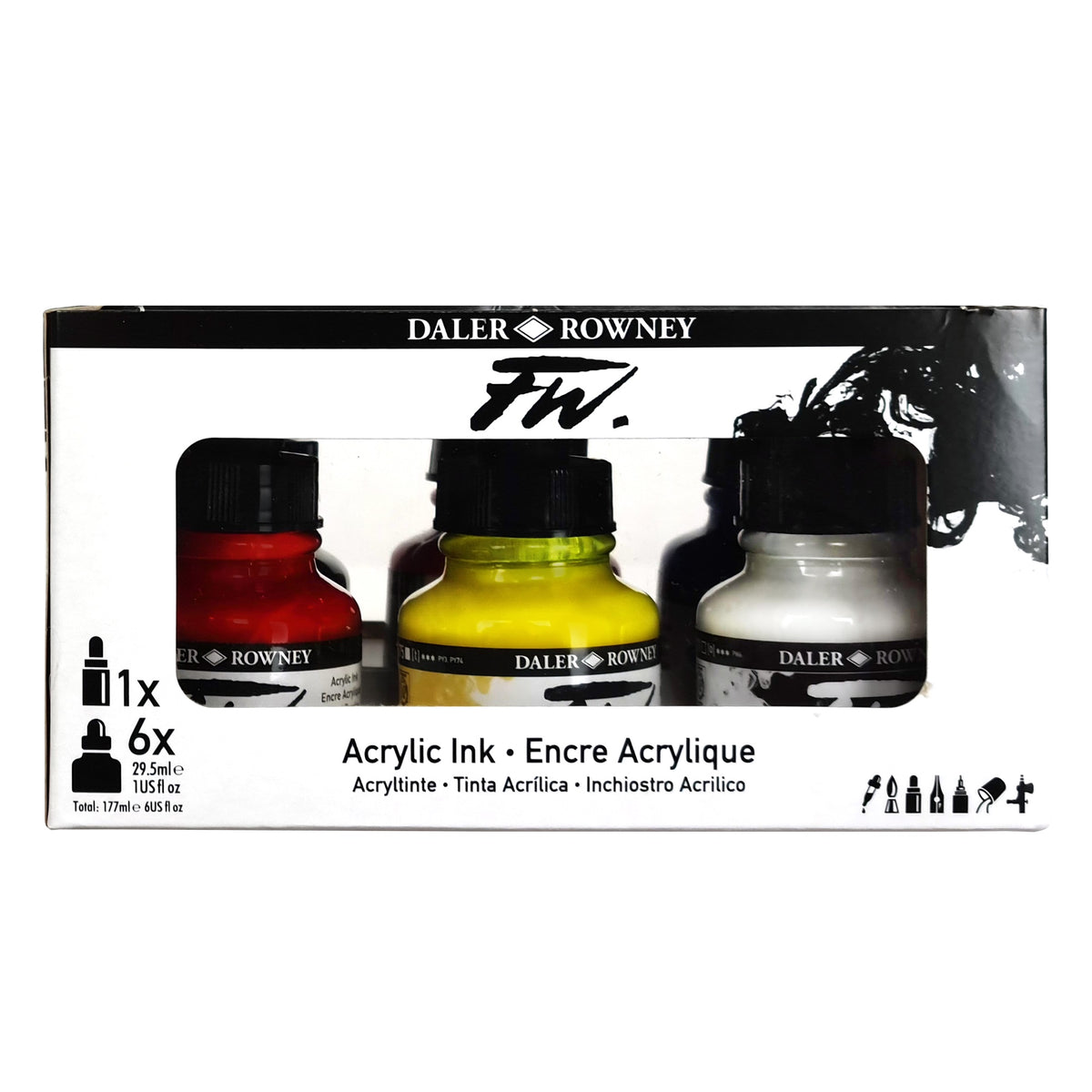 Daler-Rowney Fw Acrylic Artists Ink Set, 1 Oz. Bottles, Primary Colors