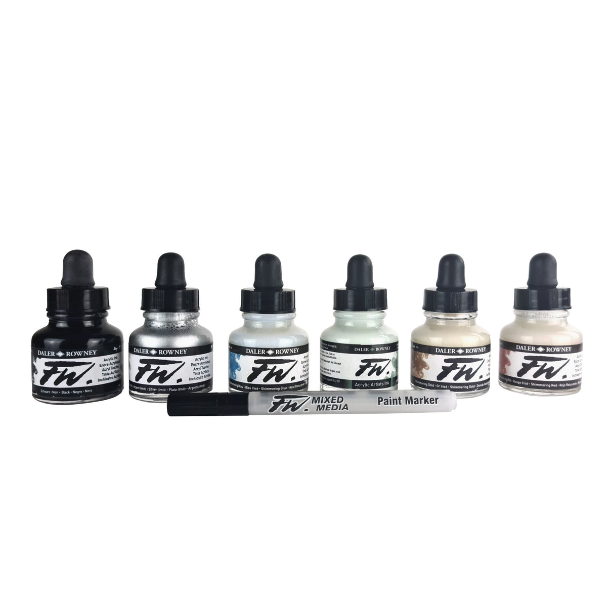 Daler-Rowney Fw Acrylic Artists Ink Set, 1 Oz. Bottles, Shimmering Colors