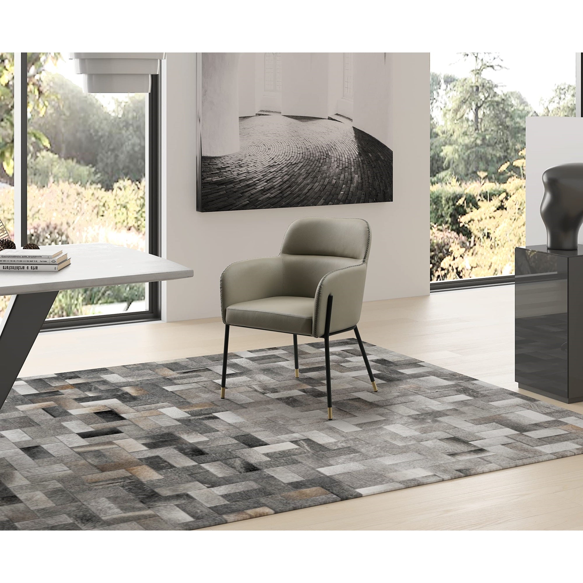 Whiteline Modern Living Heidi, Light Grey Faux Leather, Black, Brushed Leg Caps in Brass Dining Armchair