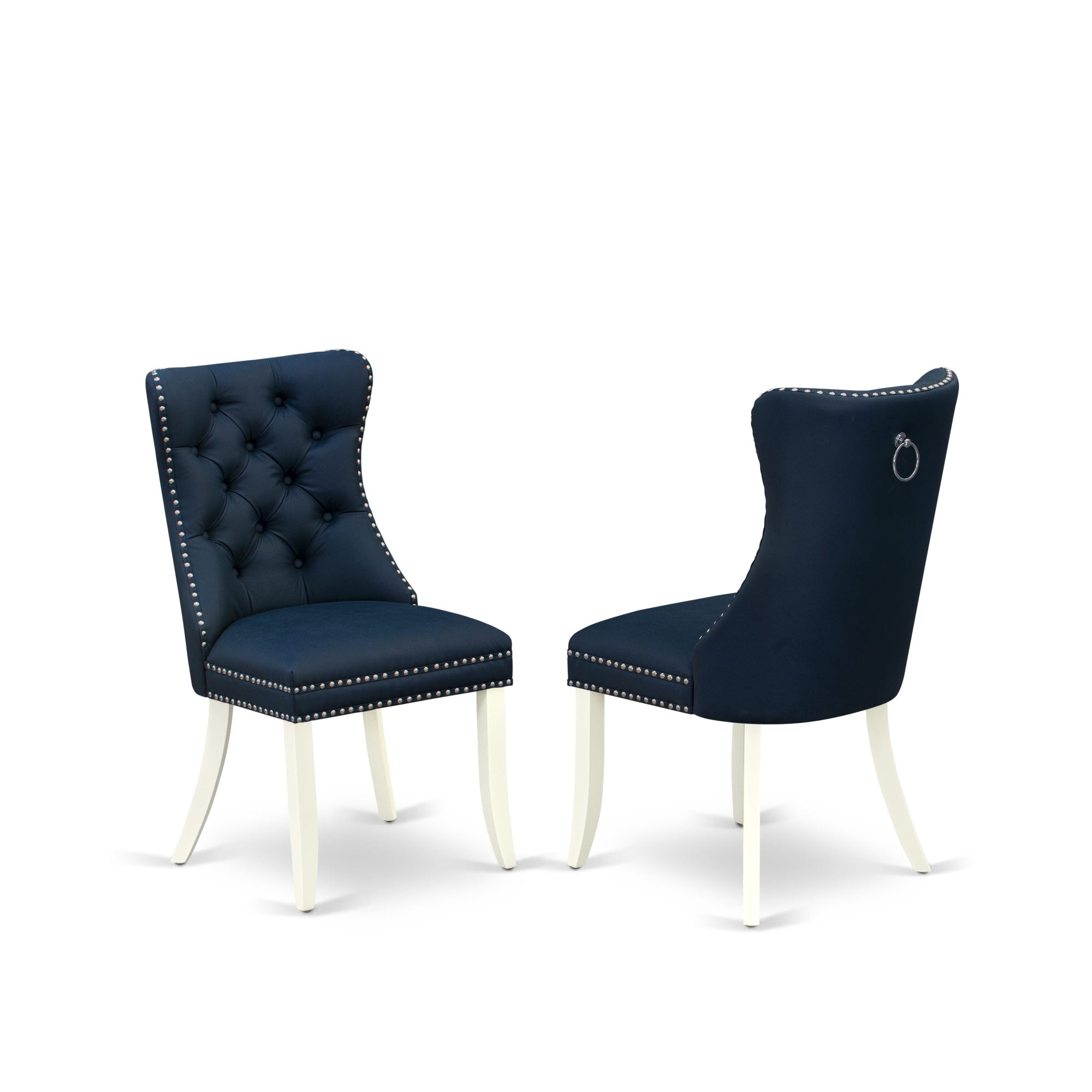 East West Furniture Dap2F29 Dallas Parson Chairs - Button Tufted Nailhead Trim Navy Blue Faux Leather Padded Dining Chairs, Set Of 2, Linen White