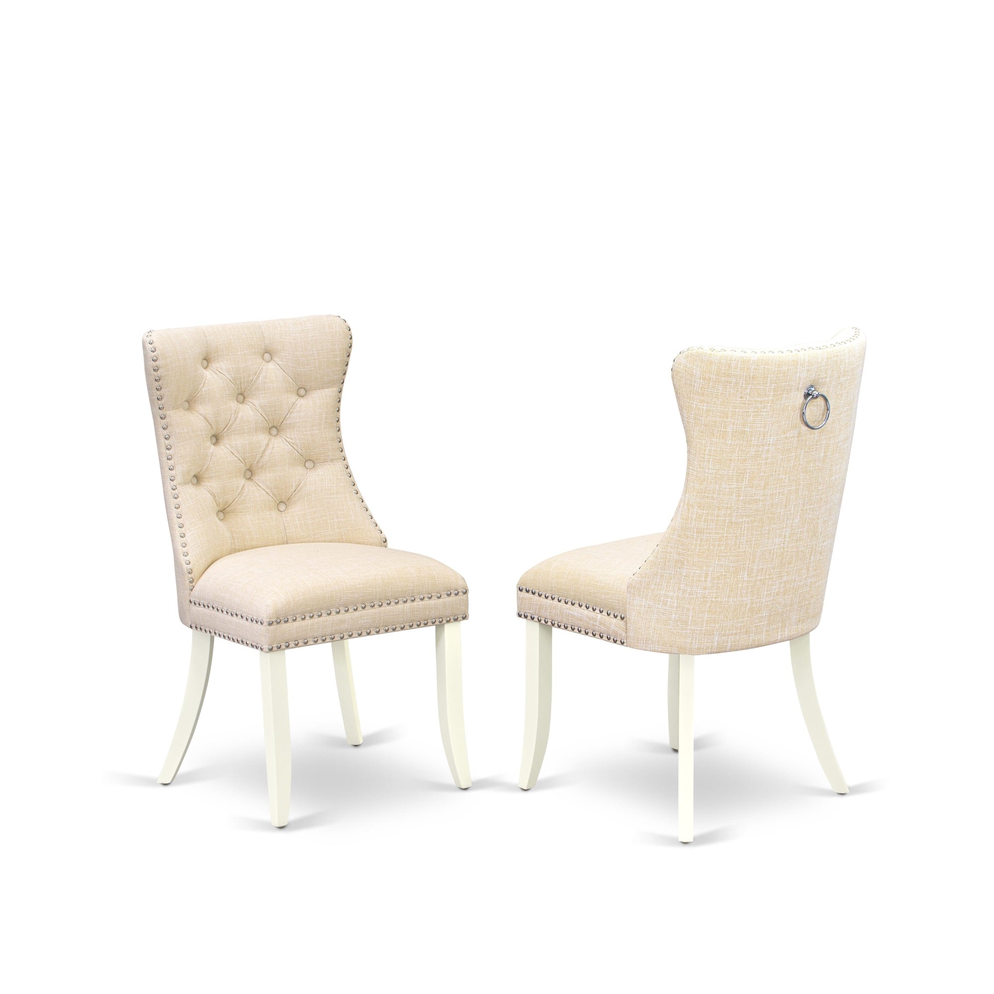 East West Furniture Dap2L32 Dallas Parsons Dining Chairs - Button Tufted Nailhead Trim Light Beige Linen Fabric Upholstered Chairs, Set Of 2, Linen White