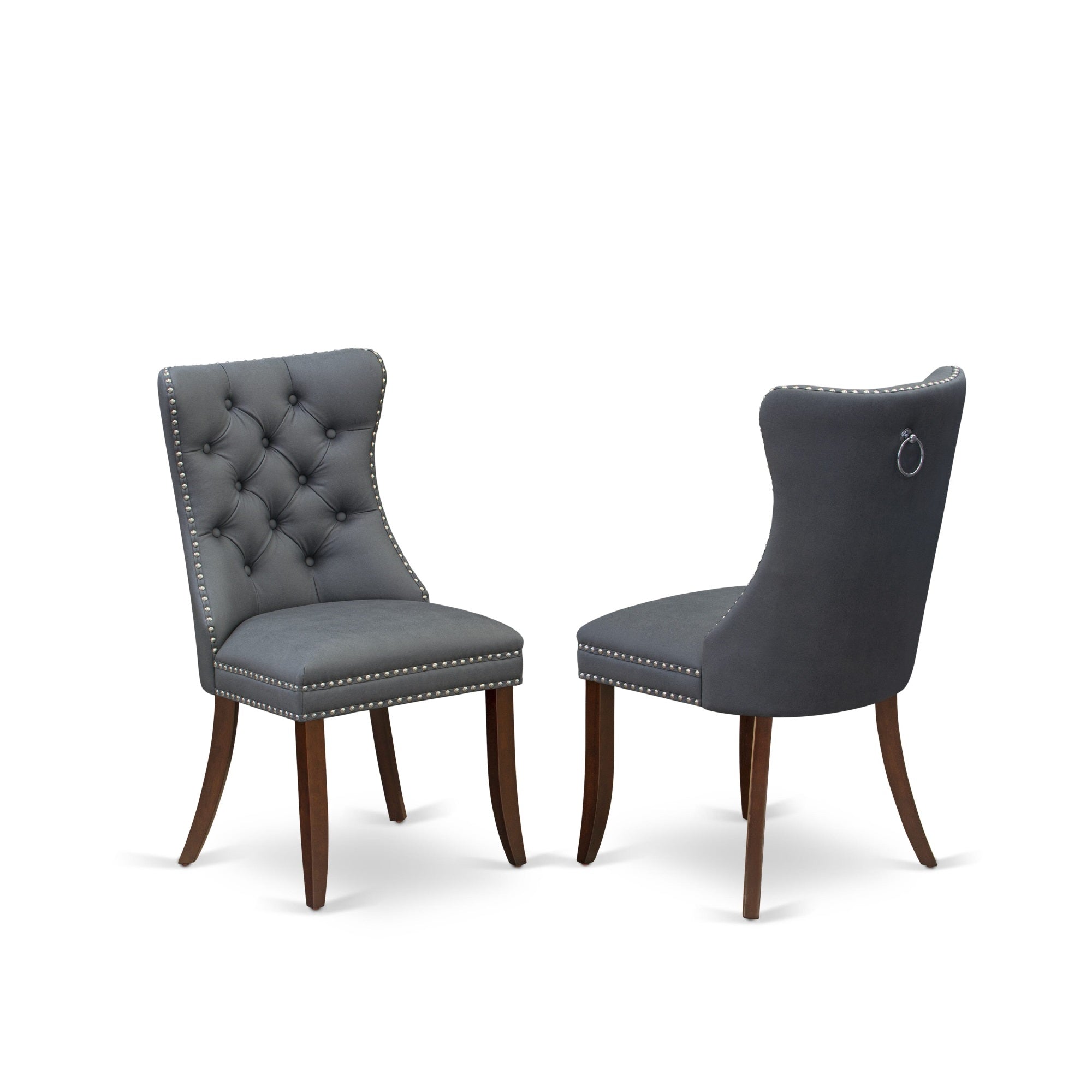 East West Furniture Dap3F13 Dallas Parson Dining Chairs - Button Tufted Nailhead Trim Platinum Gray Faux Leather Padded Chairs, Set Of 2, Mahogany