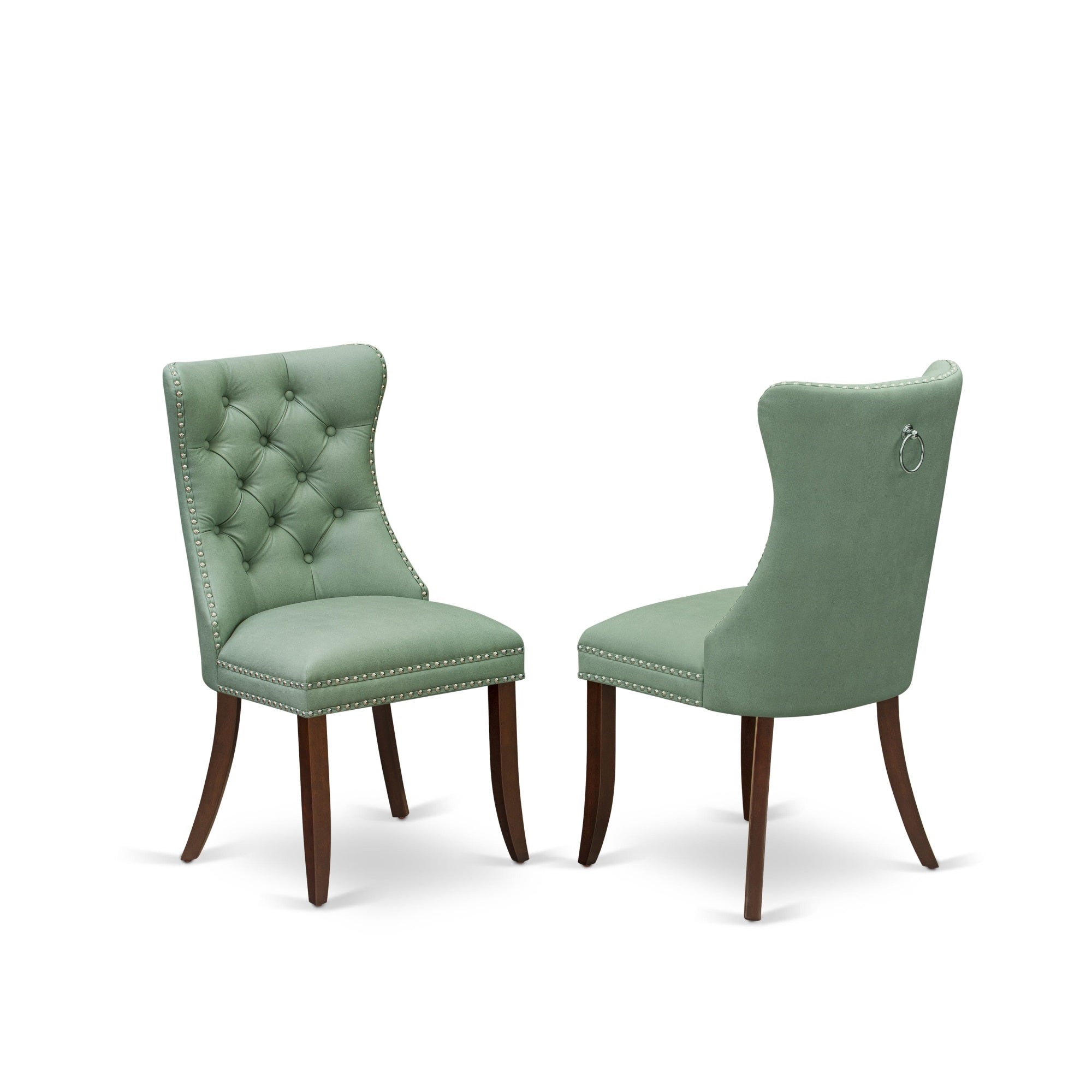 East West Furniture Dap3F22 Dallas Parsons Dining Chairs - Button Tufted Nailhead Trim Willow Green Faux Leather Upholstered Chairs, Set Of 2, Mahogany