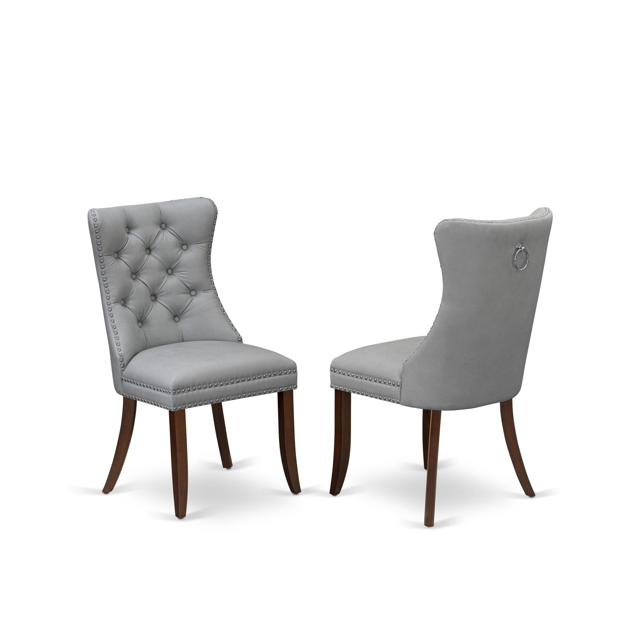 East West Furniture Dap3F27 Dallas Parson Dining Room Chairs - Button Tufted Nailhead Trim Light Gray Faux Leather Upholstered Chairs, Set Of 2, Mahogany