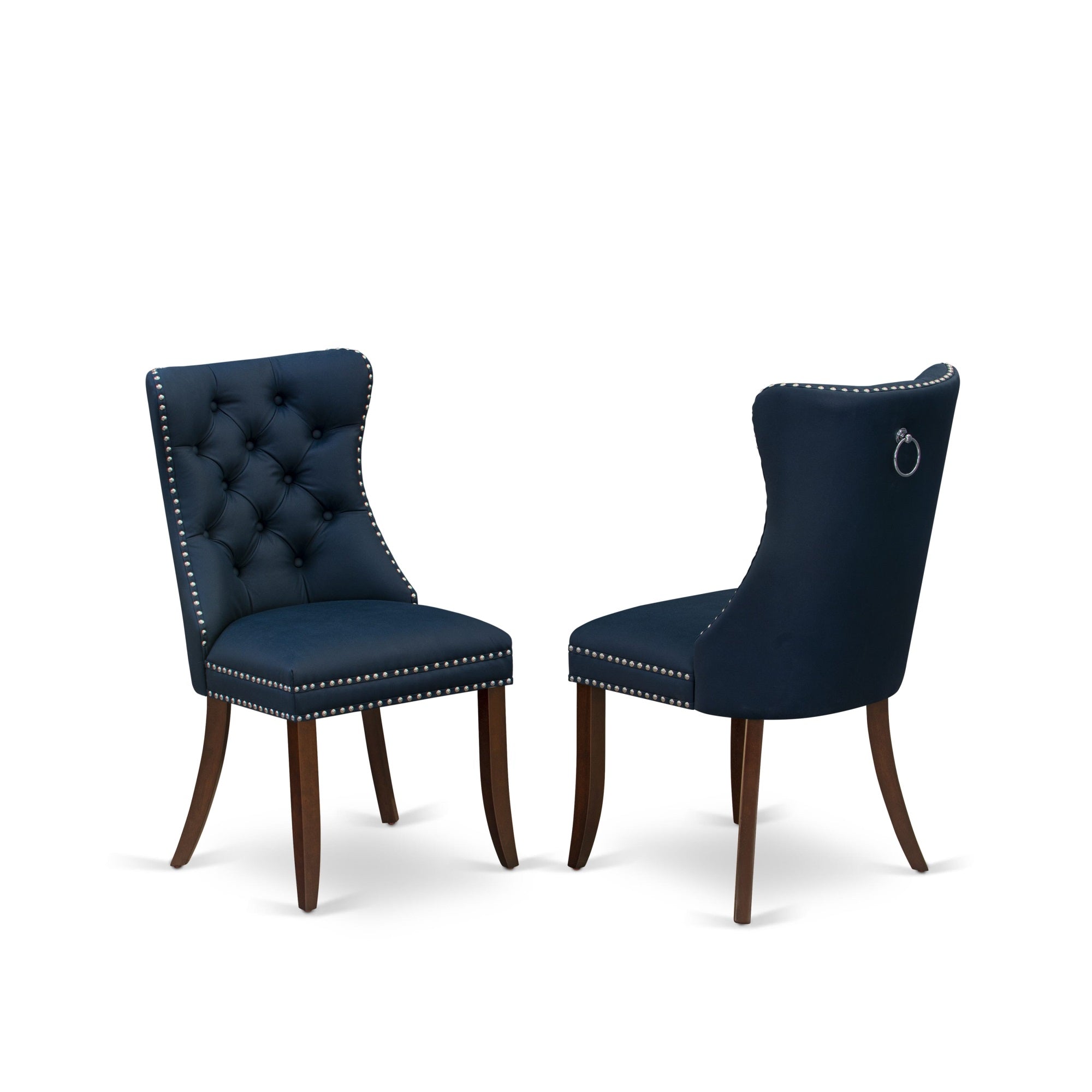 East West Furniture Dap3F29 Dallas Parsons Dining Chairs - Button Tufted Nailhead Trim Navy Blue Faux Leather Upholstered Chairs, Set Of 2, Mahogany