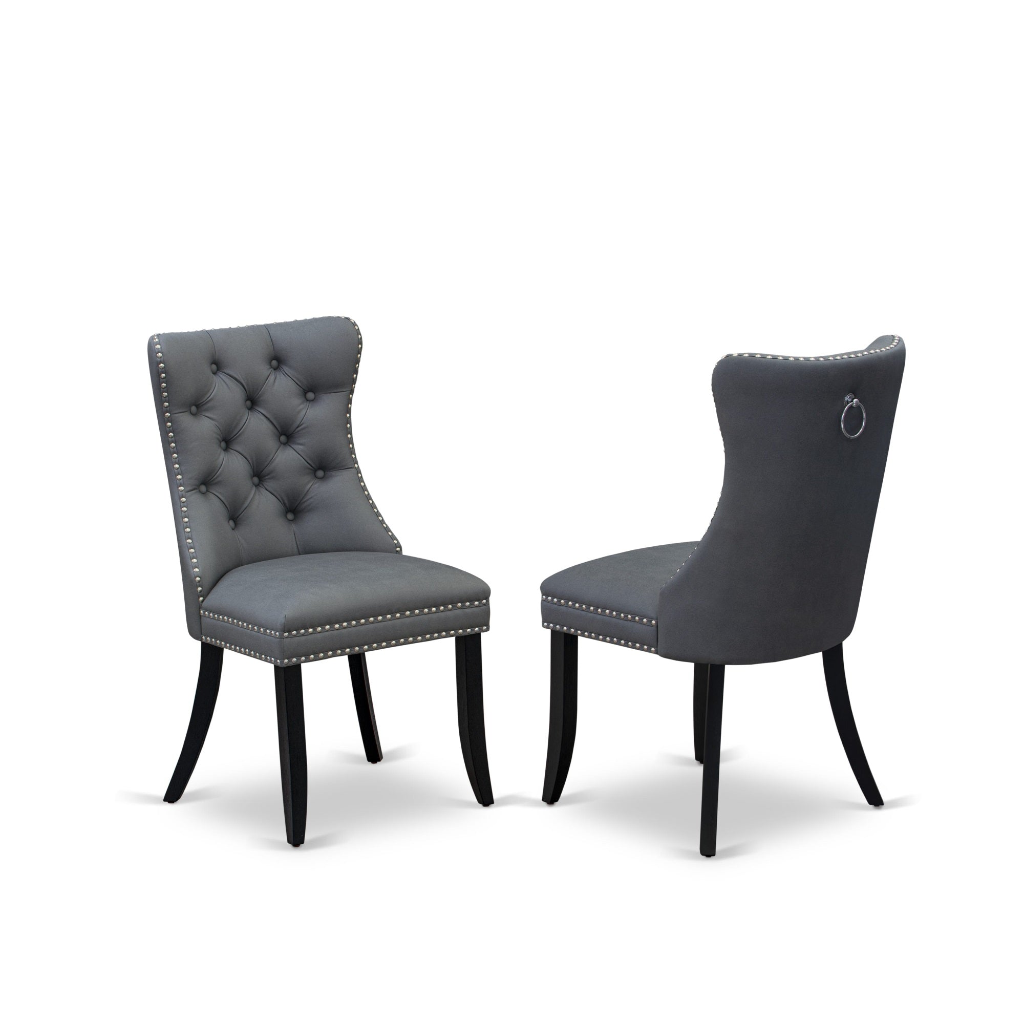 East West Furniture Dap6F13 Dallas Parsons Dining Chairs - Button Tufted Nailhead Trim Platinum Gray Faux Leather Padded Chairs, Set Of 2, Wirebrushed Black