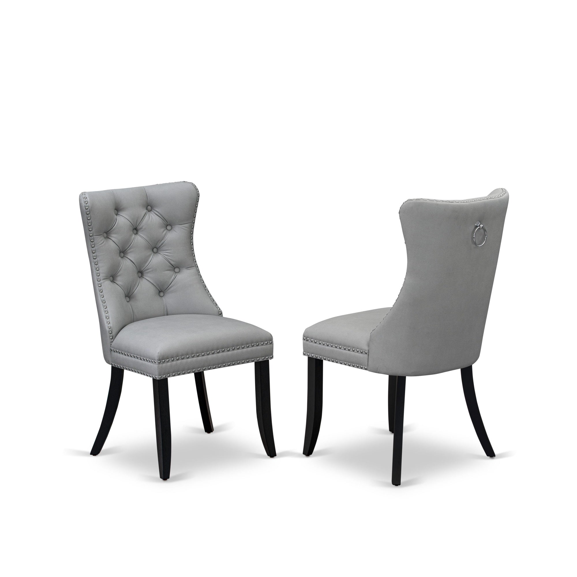 East West Furniture Dap6F27 Dallas Parson Dining Room Chairs - Button Tufted Nailhead Trim Light Gray Faux Leather Padded Chairs, Set Of 2, Wirebrushed Black