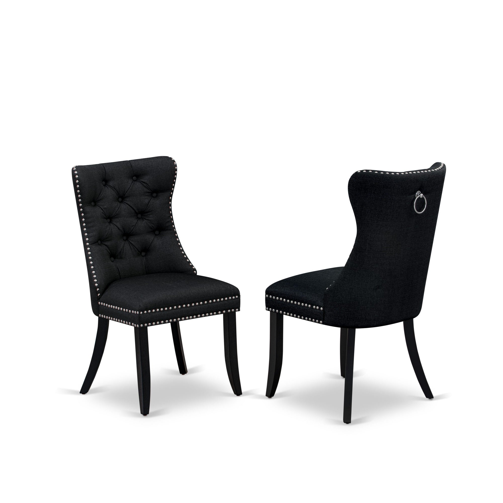 East West Furniture Dap6L24 Dallas Parson Kitchen Chairs - Button Tufted Nailhead Trim Black Linen Fabric Upholstered Dining Chairs, Set Of 2, Wirebrushed Black