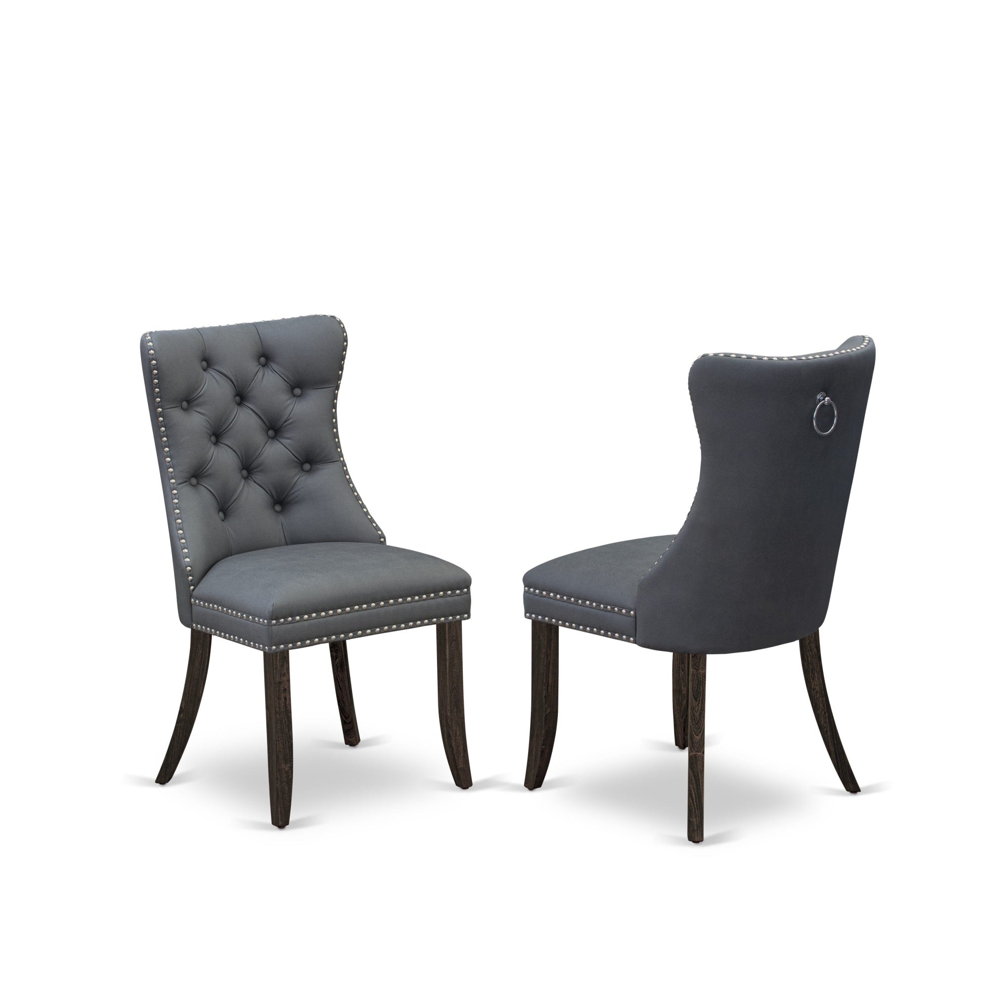 East West Furniture Dap7F13 Dallas Parson Dining Chairs - Button Tufted Nailhead Trim Platinum Gray Faux Leather Padded Chairs, Set Of 2, Distressed Jacobean