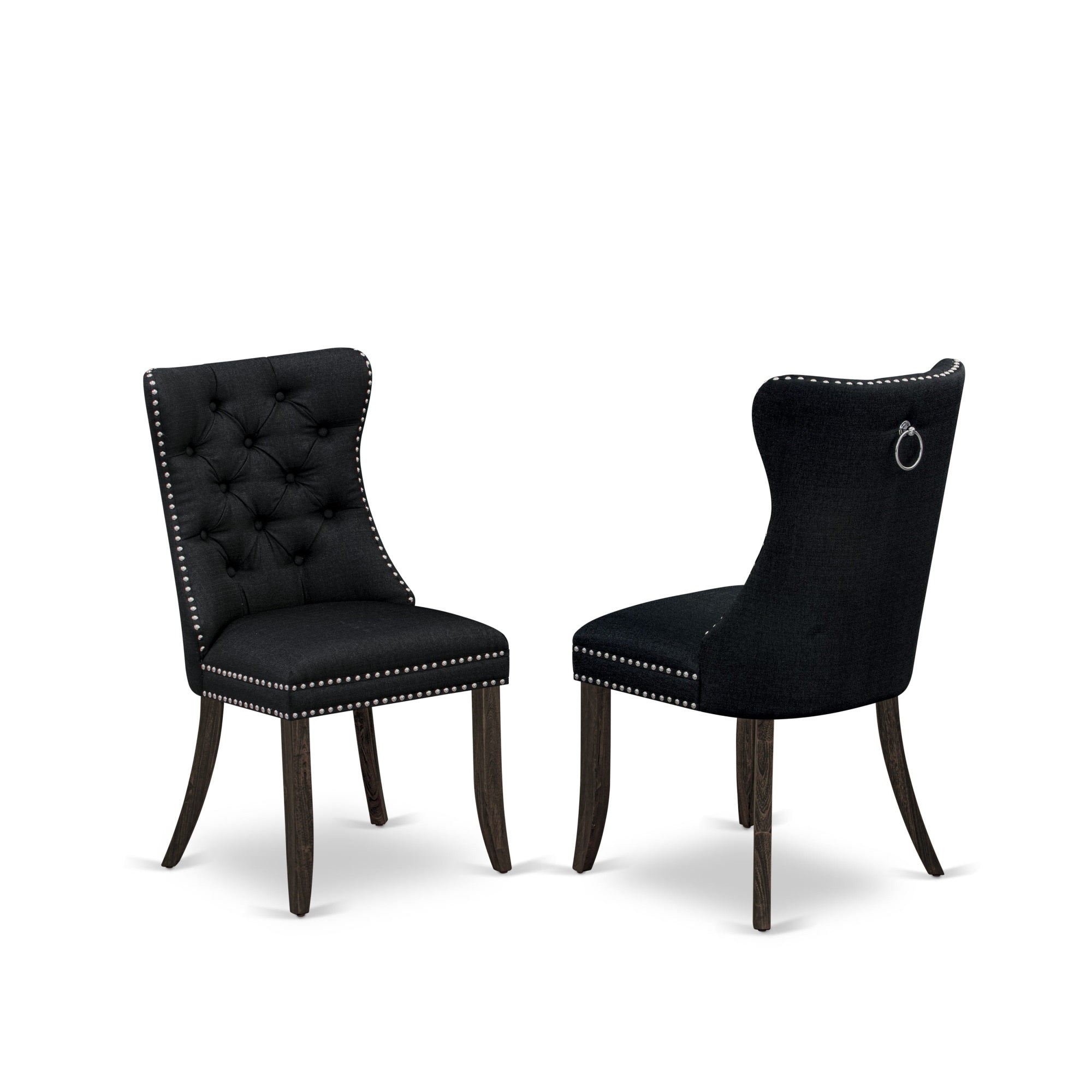 East West Furniture Dap7L24 Dallas Parson Dining Room Chairs - Button Tufted Nailhead Trim Black Linen Fabric Padded Chairs, Set Of 2, Distressed Jacobean