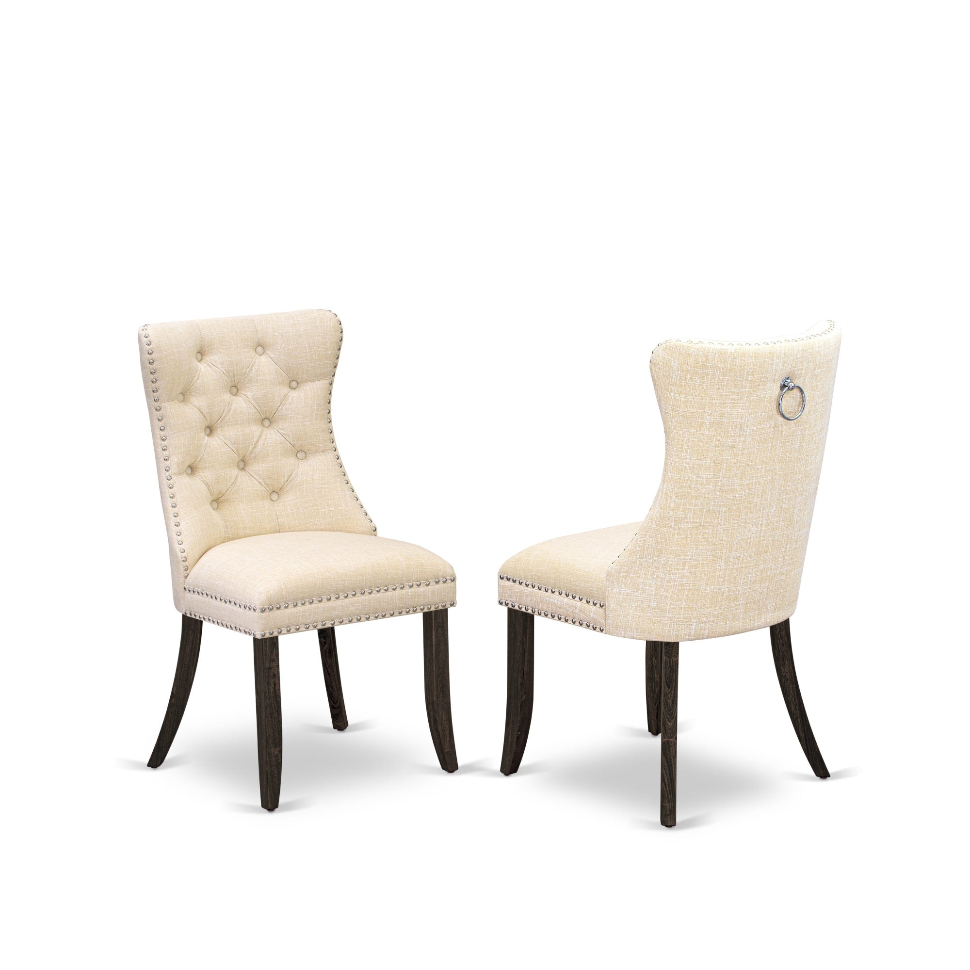 East West Furniture Dap7L32 Dallas Parson Kitchen Chairs - Button Tufted Nailhead Trim Light Beige Linen Fabric Padded Dining Chairs, Set Of 2, Distressed Jacobean