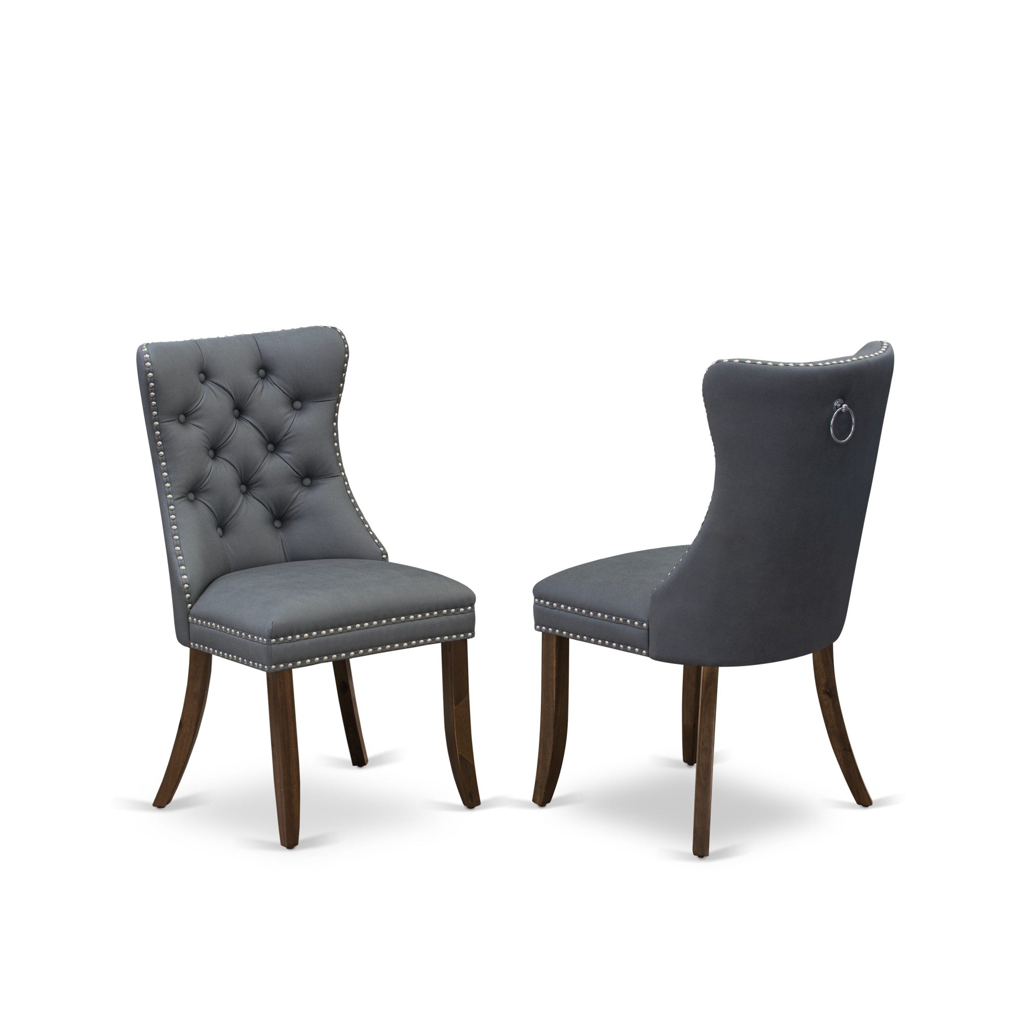 East West Furniture Dap8F13 Dallas Parson Chairs - Button Tufted Nailhead Trim Platinum Gray Faux Leather Padded Dining Chairs, Set Of 2, Antique Walnut