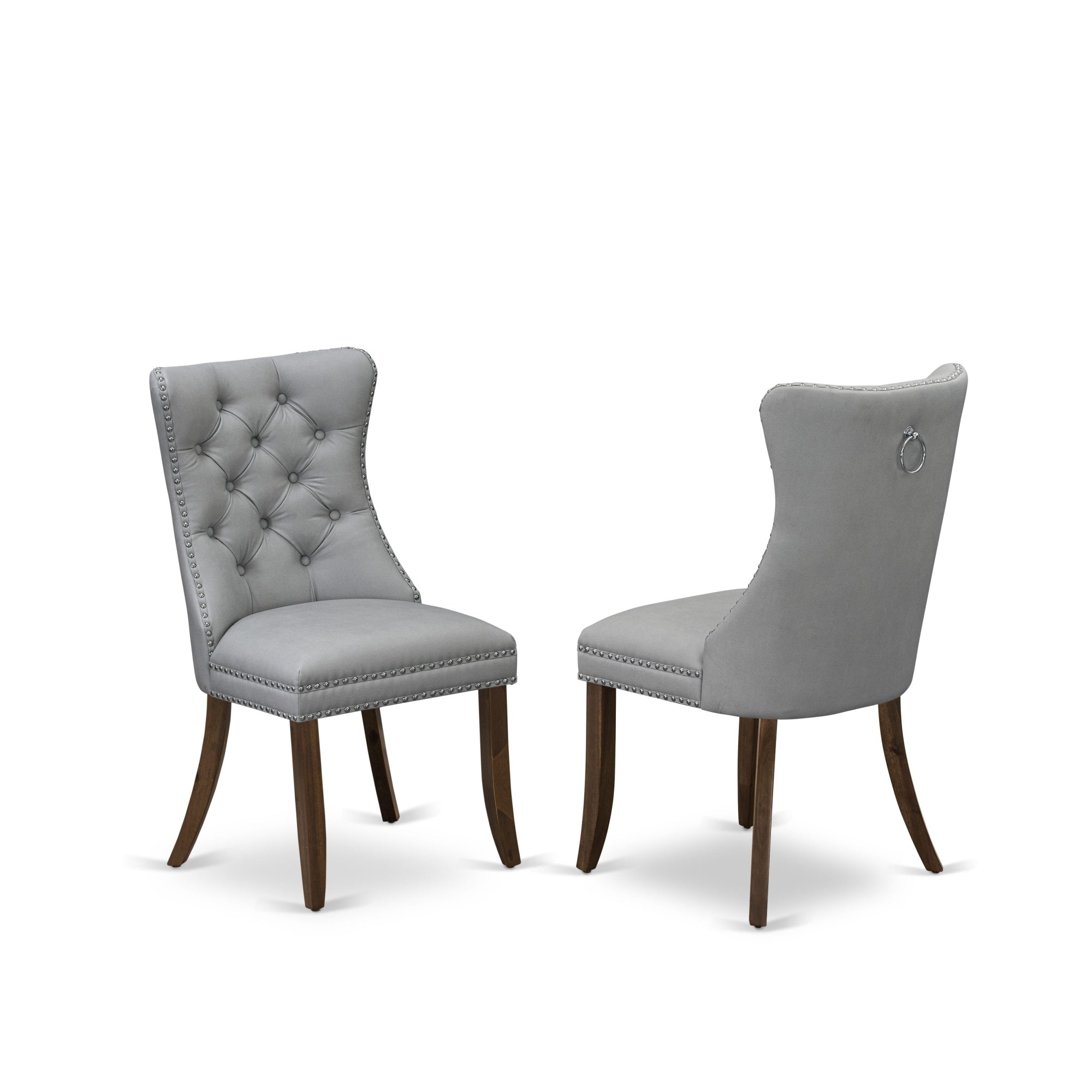 East West Furniture Dap8F27 Dallas Parsons Dining Chairs - Button Tufted Nailhead Trim Light Gray Faux Leather Upholstered Chairs, Set Of 2, Antique Walnut