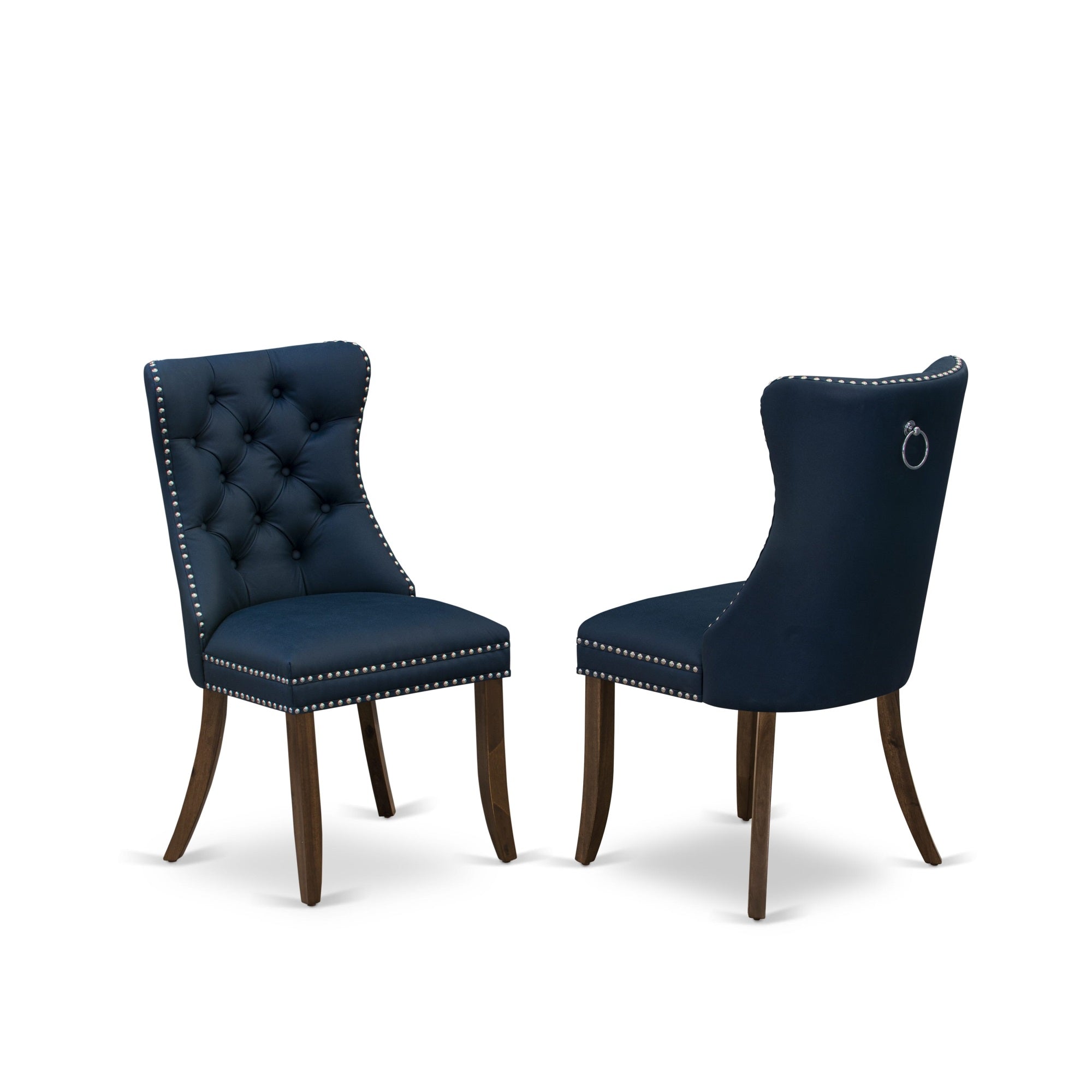 East West Furniture Dap8F29 Dallas Parson Chairs - Button Tufted Nailhead Trim Navy Blue Faux Leather Upholstered Dining Chairs, Set Of 2, Antique Walnut