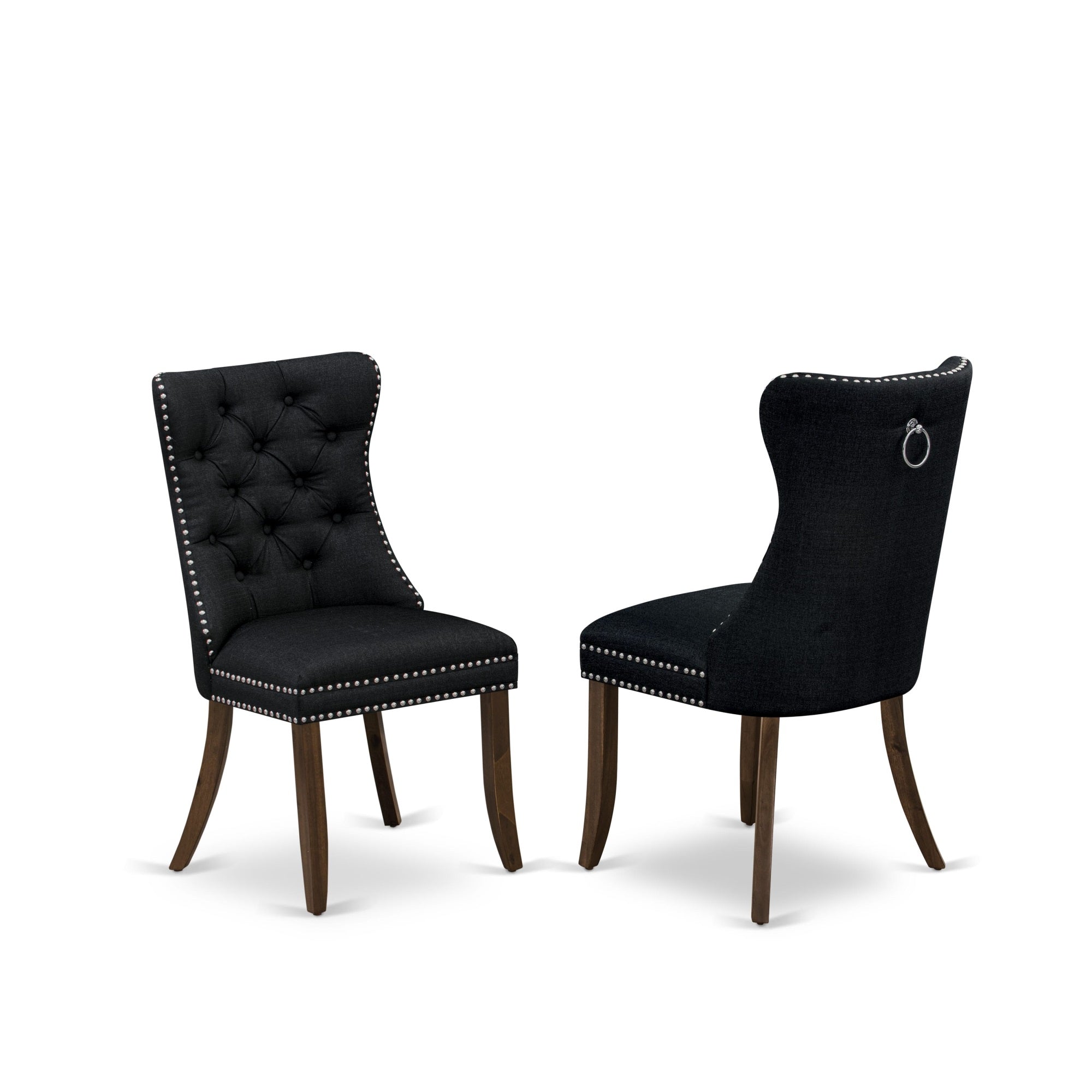 East West Furniture Dap8L24 Dallas Parson Dining Room Chairs - Button Tufted Nailhead Trim Black Linen Fabric Upholstered Chairs, Set Of 2, Antique Walnut