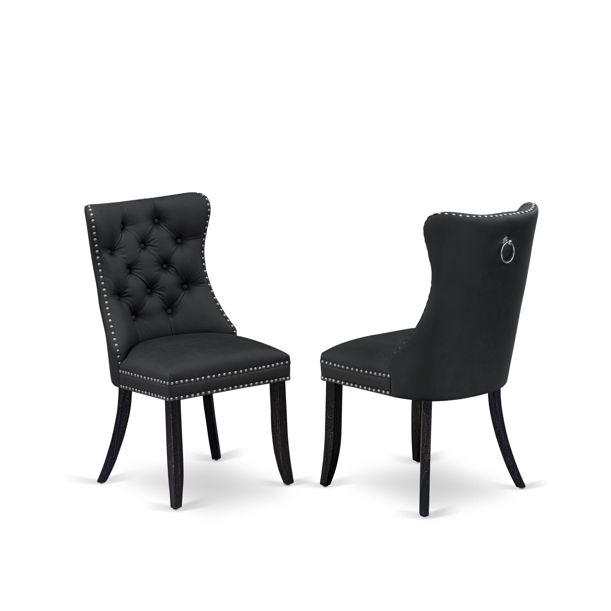 East West Furniture Dapff12 Dallas Parson Dining Room Chairs - Button Tufted Nailhead Trim Dark Gray Faux Leather Upholstered Chairs, Set Of 2, Sand Blasted Black