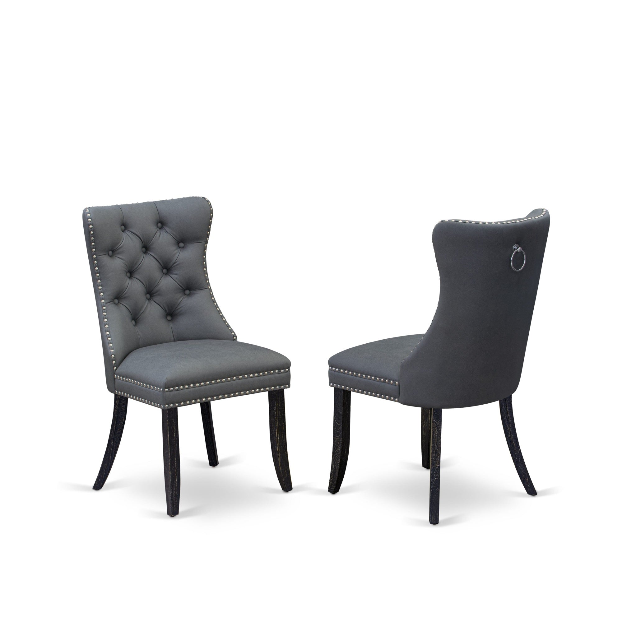 East West Furniture Dapff13 Dallas Parson Chairs - Button Tufted Nailhead Trim Platinum Gray Faux Leather Upholstered Dining Chairs, Set Of 2, Sand Blasted Black
