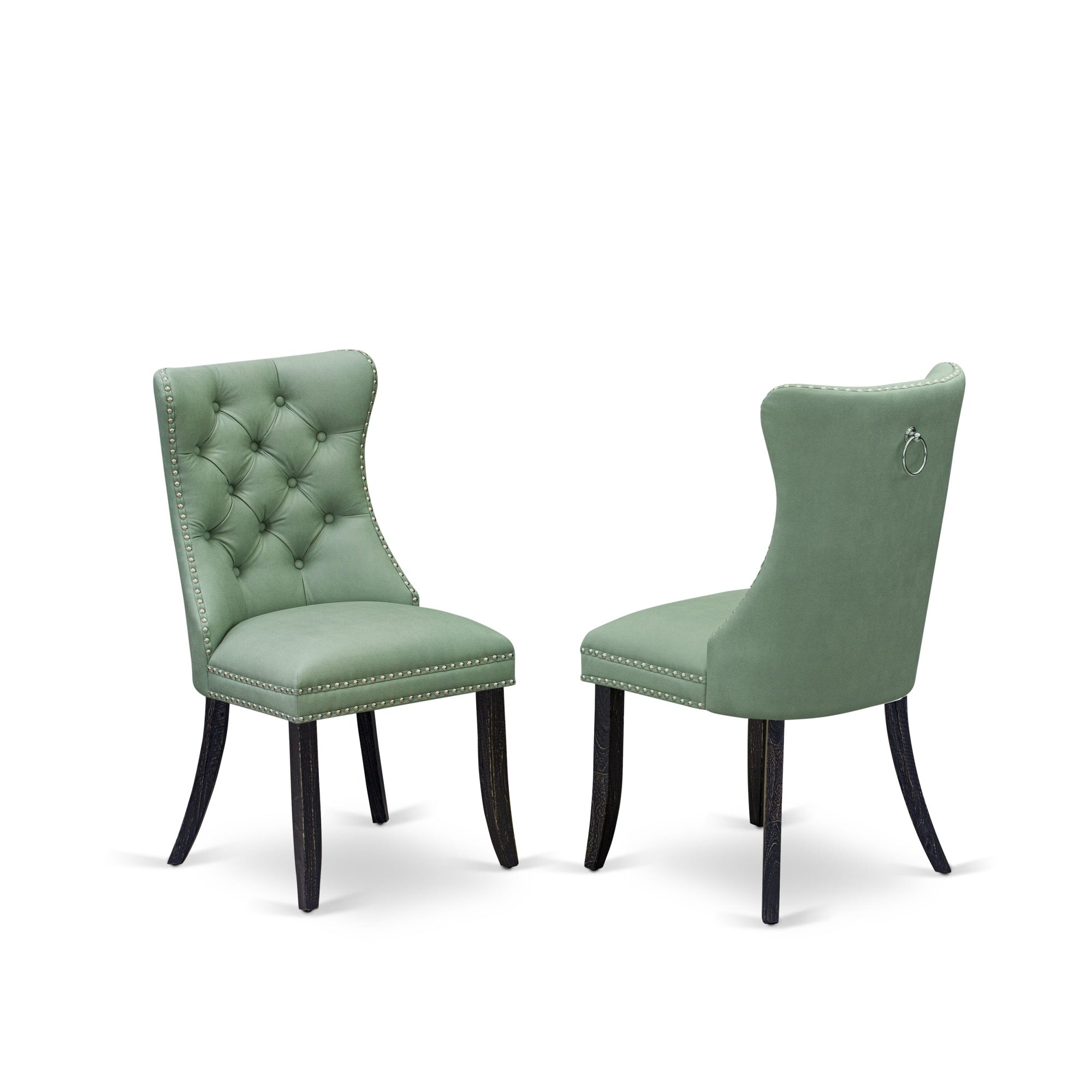 East West Furniture Dapff22 Dallas Parson Chairs - Button Tufted Nailhead Trim Willow Green Faux Leather Upholstered Dining Chairs, Set Of 2, Sand Blasted Black