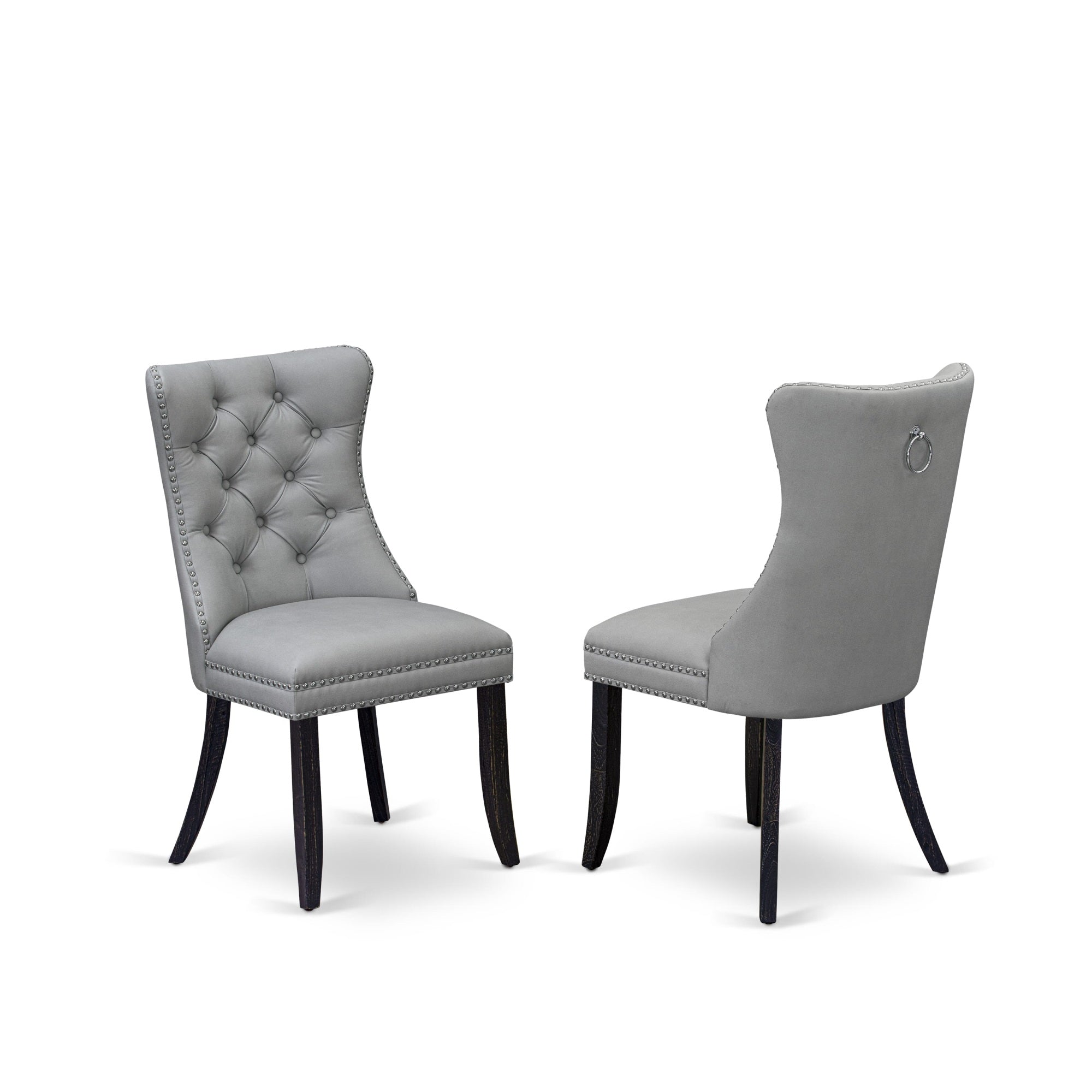 East West Furniture Dapff27 Dallas Parson Kitchen Chairs - Button Tufted Nailhead Trim Light Gray Faux Leather Upholstered Dining Chairs, Set Of 2, Sand Blasted Black