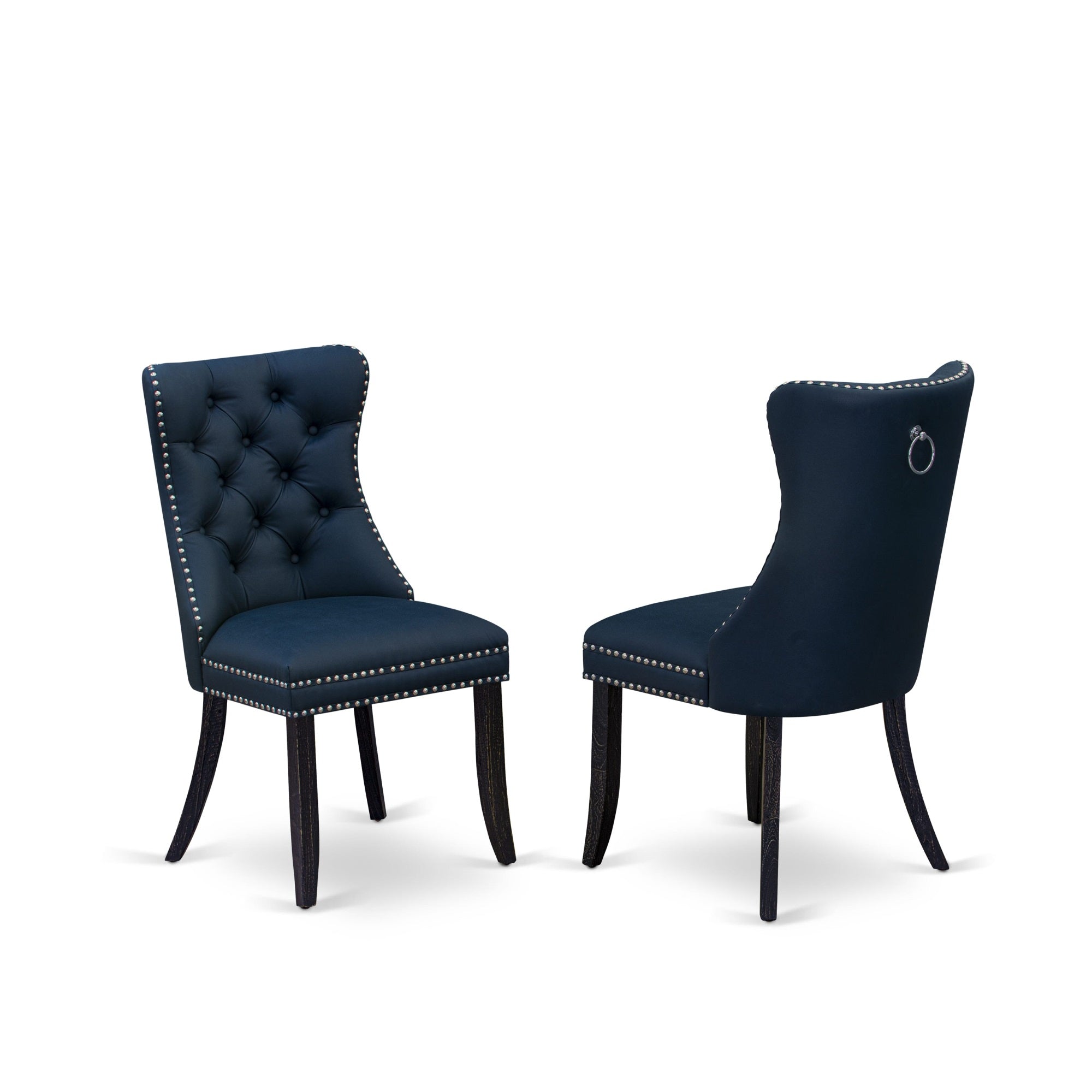 East West Furniture Dapff29 Dallas Parson Kitchen Chairs - Button Tufted Nailhead Trim Navy Blue Faux Leather Padded Dining Chairs, Set Of 2, Sand Blasted Black