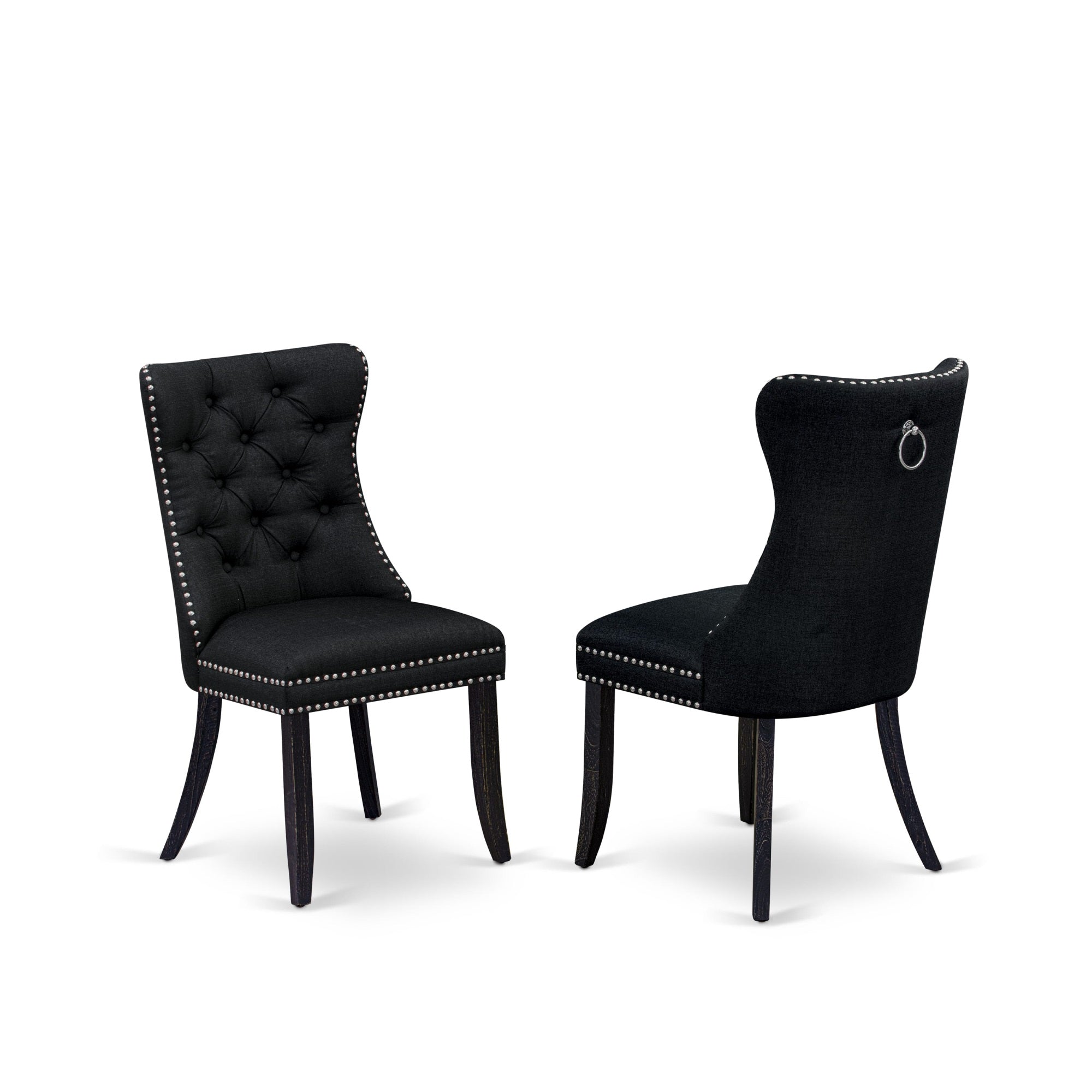 East West Furniture Dapfl24 Dallas Parson Chairs - Button Tufted Nailhead Trim Black Linen Fabric Padded Dining Chairs, Set Of 2, Sand Blasted Black