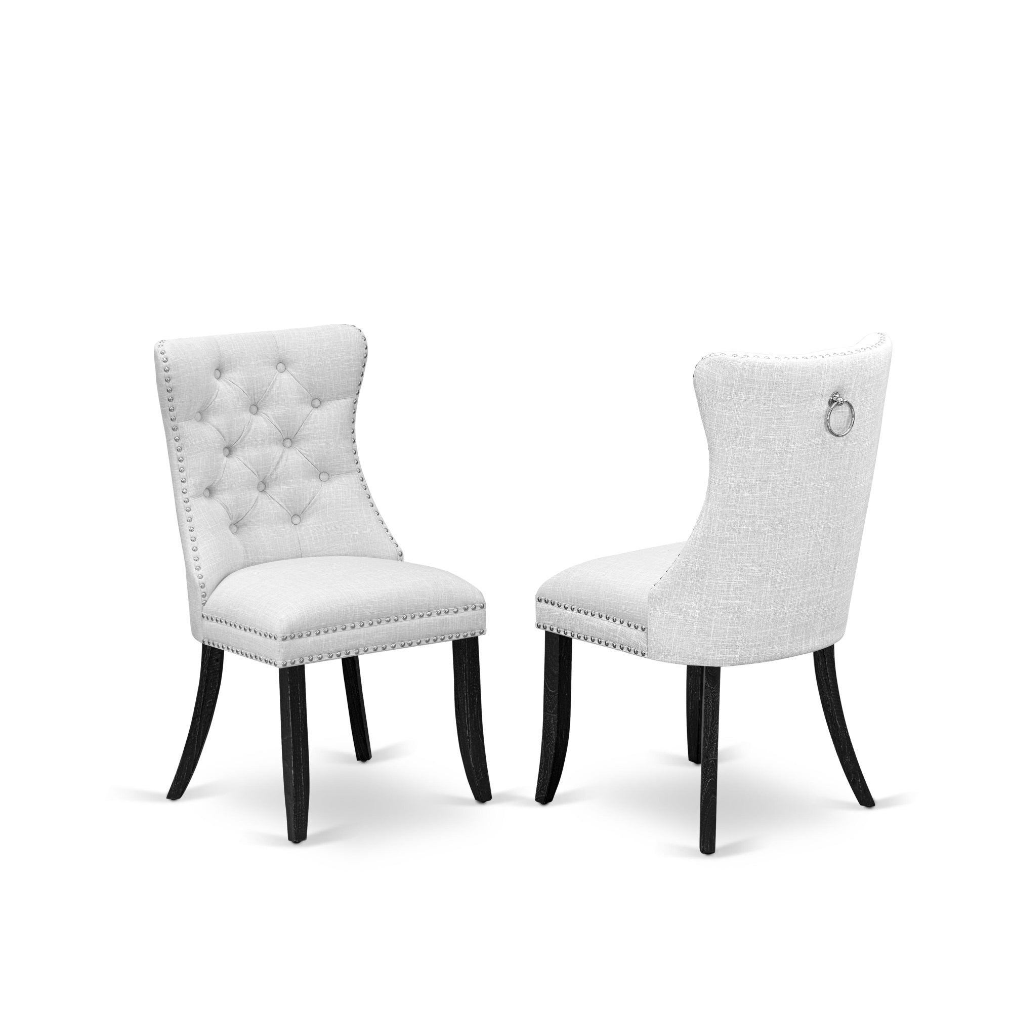 East West Furniture Dapfl32 Dallas Parson Dining Room Chairs - Button Tufted Nailhead Trim Light Beige Linen Fabric Padded Chairs, Set Of 2, Sand Blasted Black