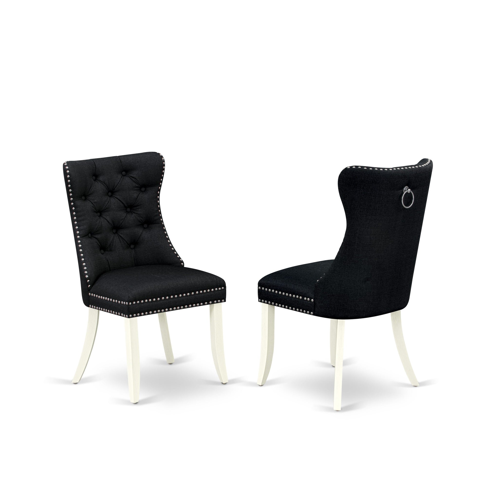 East West Furniture Daphl24 Dallas Parson Dining Chairs - Button Tufted Nailhead Trim Black Linen Fabric Upholstered Chairs, Set Of 2, Wirebrushed Bright Linen White