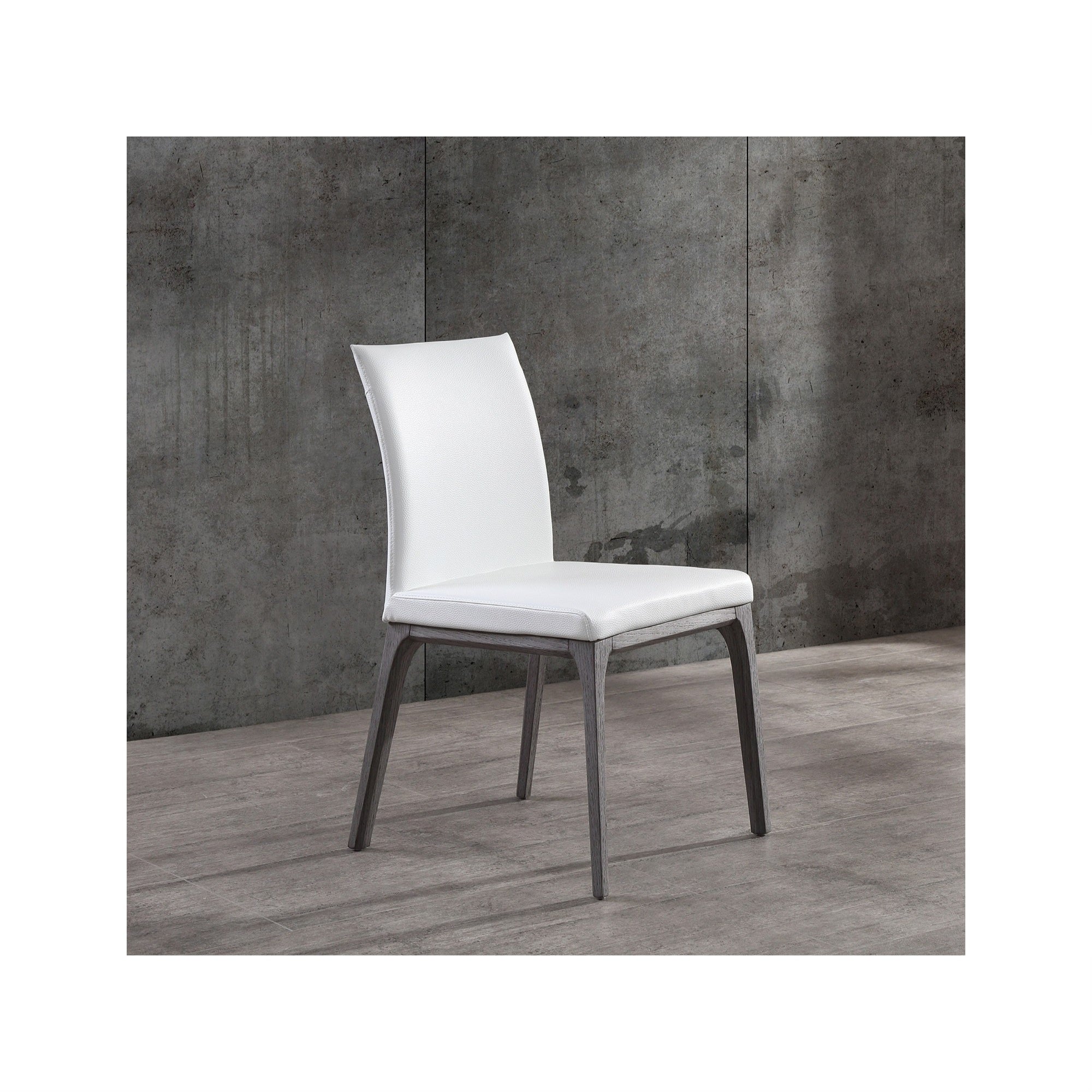 Stella Dining Chair, White faux leather,solid wood with oak veneer in grey base