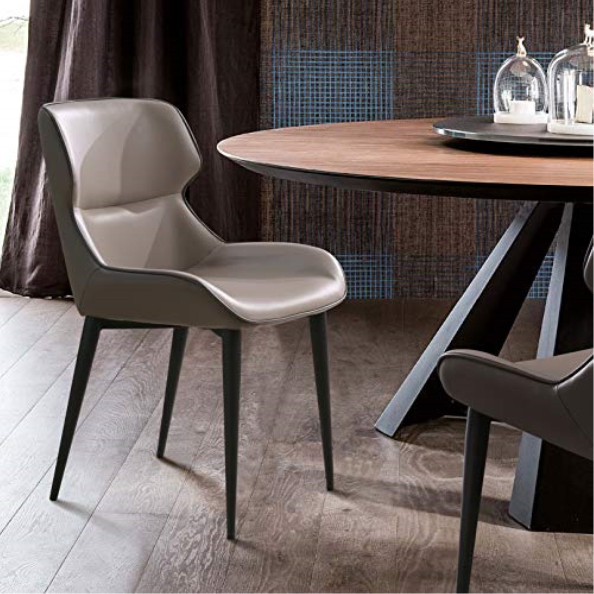 Morocco Dining Chair, Light Gray Faux Leather in the front, Warm Dark Gray on the back, Sanded Black Steel Base Legs