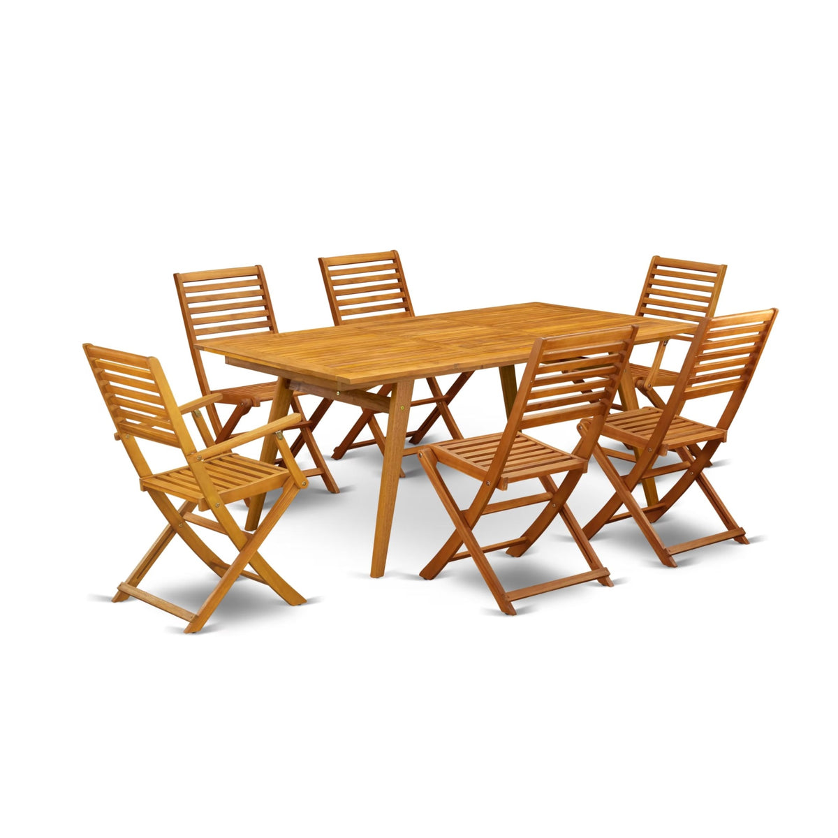 Casafoyer Debs72Cana 7 Piece Patio Bistro Dining Set Consist Of A Rectangle Outdoor Acacia Wood Table And 2 Folding Arm Chairs With 4 Side Chairs, 40X72 Inch, Natural Oil
