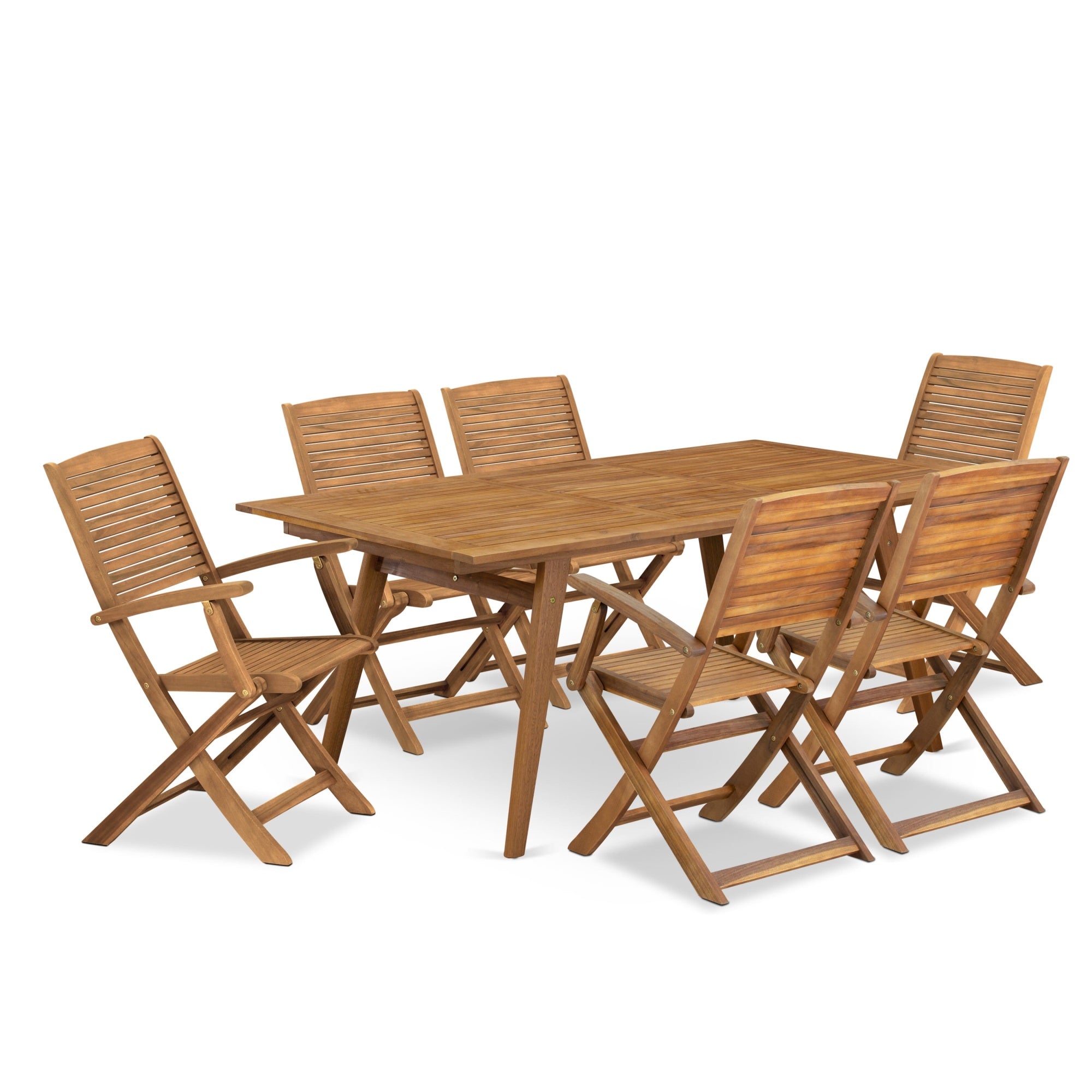 East West Furniture Dehd7Cana 7 Piece Patio Dining Set Includes A Rectangle Outdoor Acacia Wood Table And 6 Folding Arm Chairs, 40X72 Inch, Natural Oil