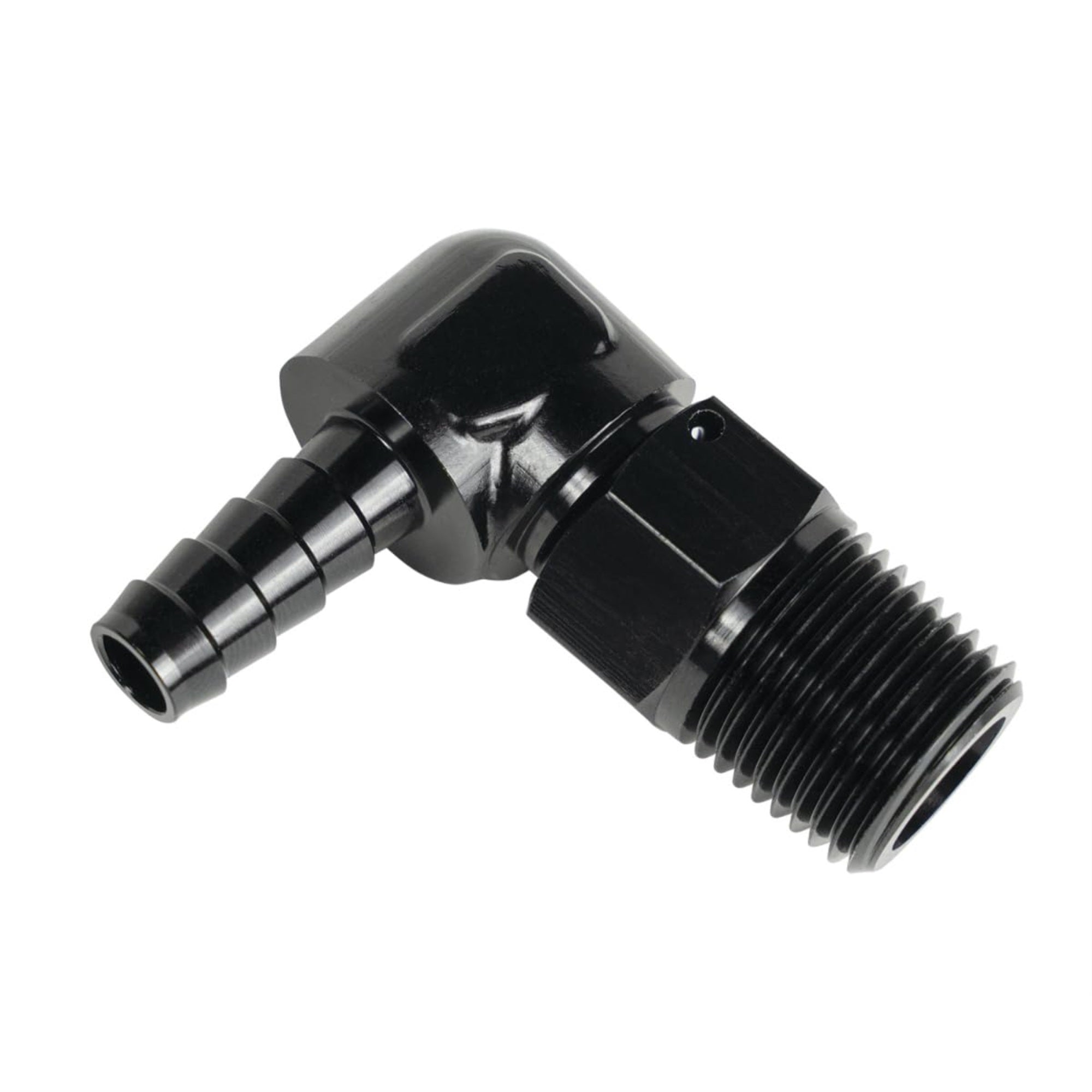 Derale Fitting, Adapter, 90 Degree, 7/8-14 In Npt Male To 1/2 In Hose Barb, Aluminum, Black Anodized, Each