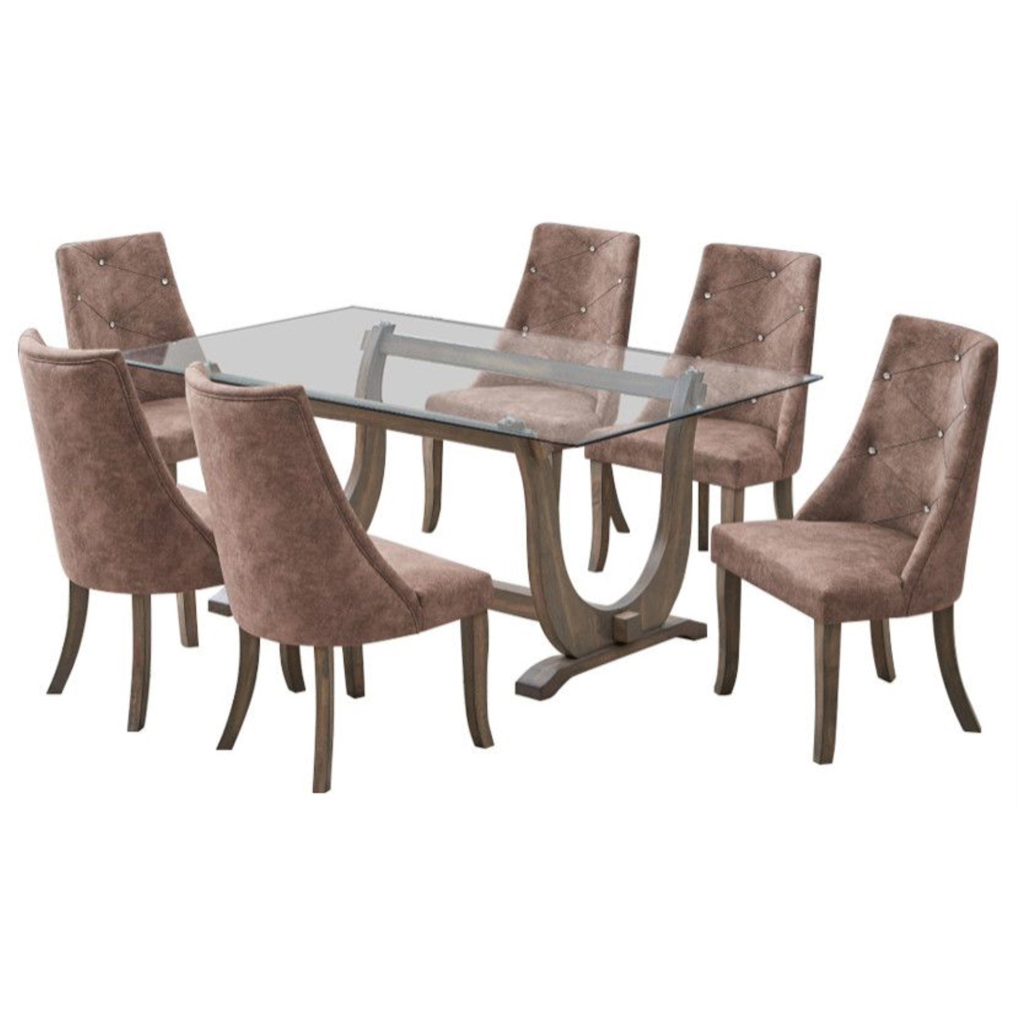 Benoit 7 Piece Glasstop Dining Set, Dark Brown Fabric & Gray Wood (Trestle Table & 6 High-Back Tufted Chairs)