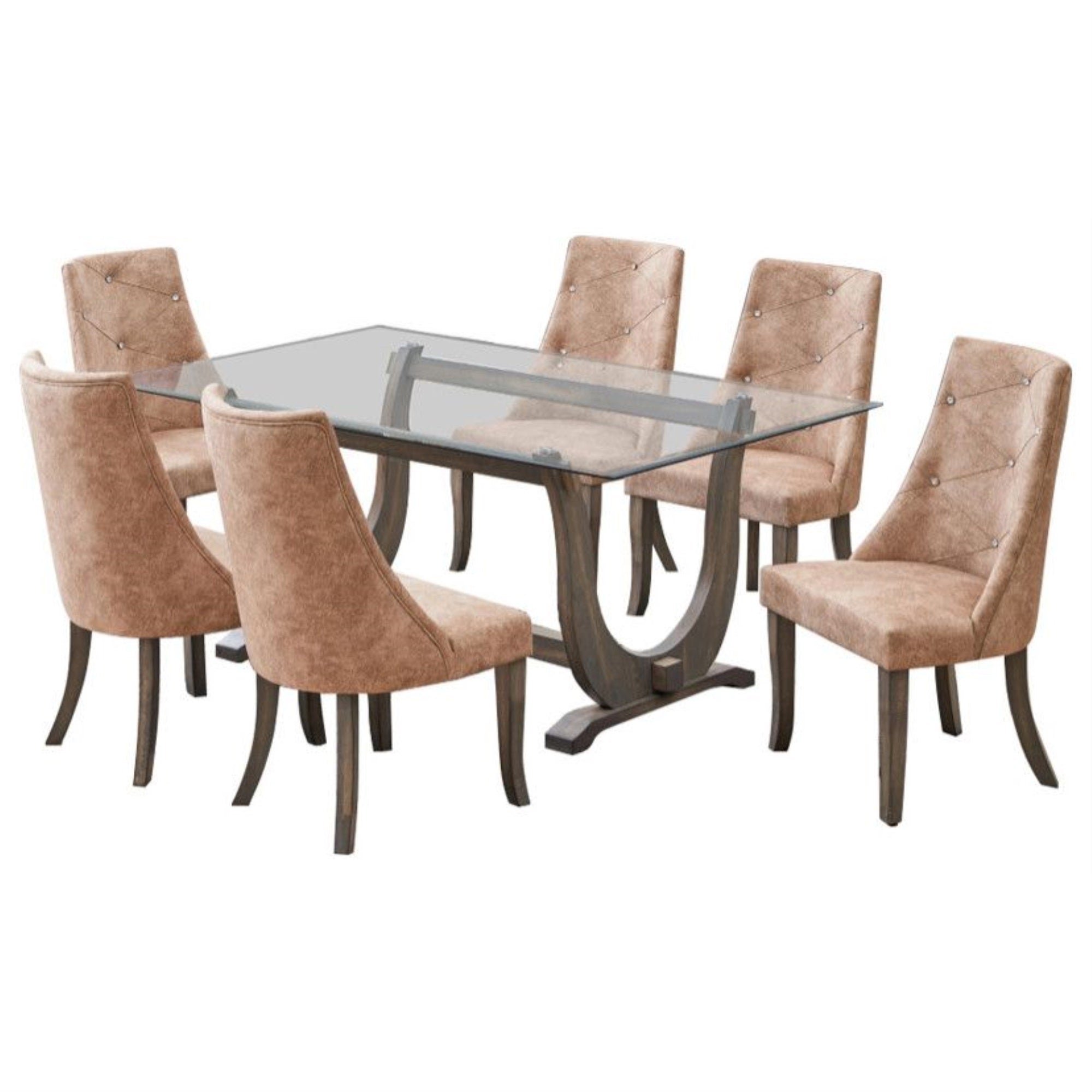 Benoit 7 Piece Glasstop Dining Set, Light Brown Fabric & Gray Wood (Trestle Table & 6 High-Back Tufted Chairs)