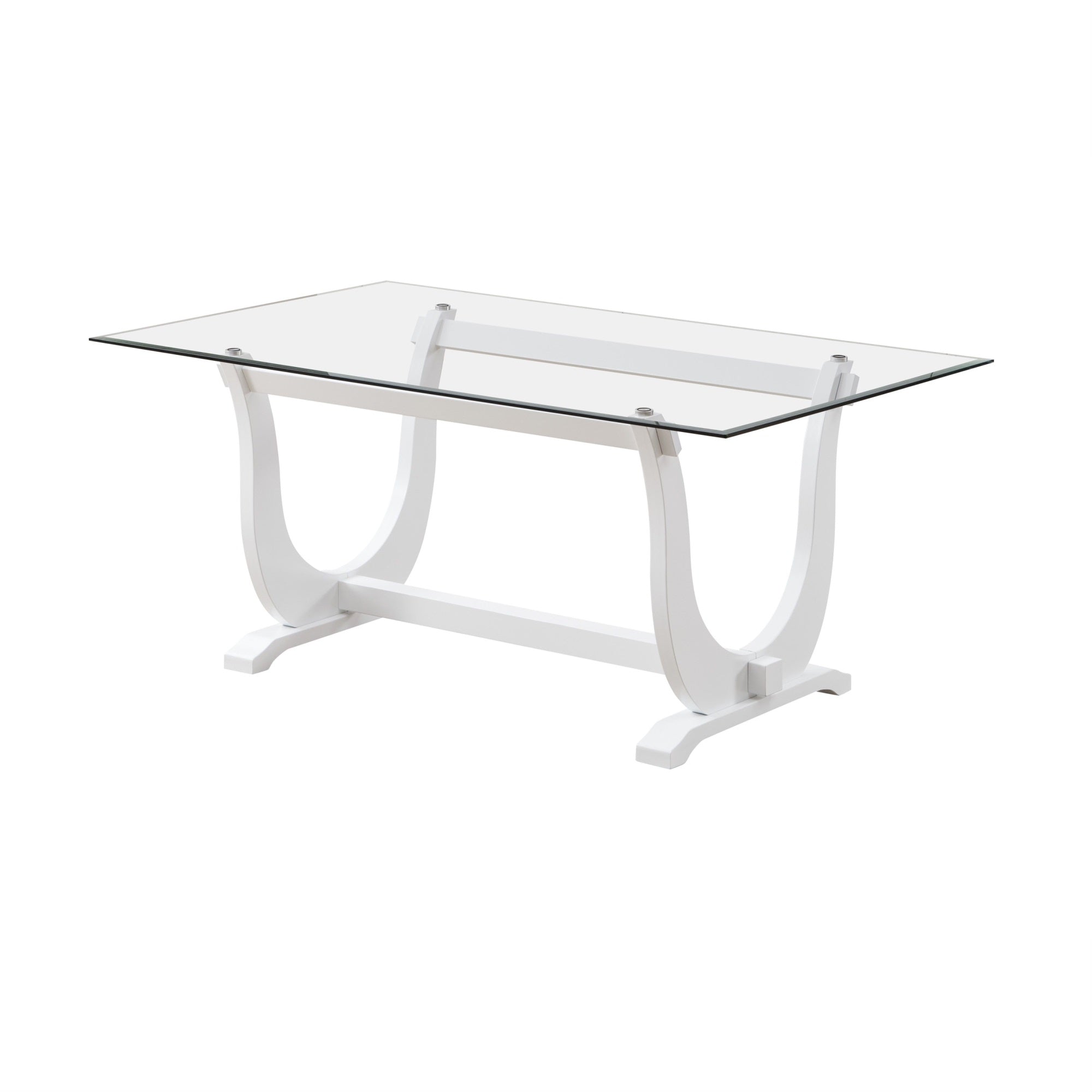 Benoit 71 Rectangular Modern Trestle Dining Table, White Wood Base & Clear Tempered Glass Frame