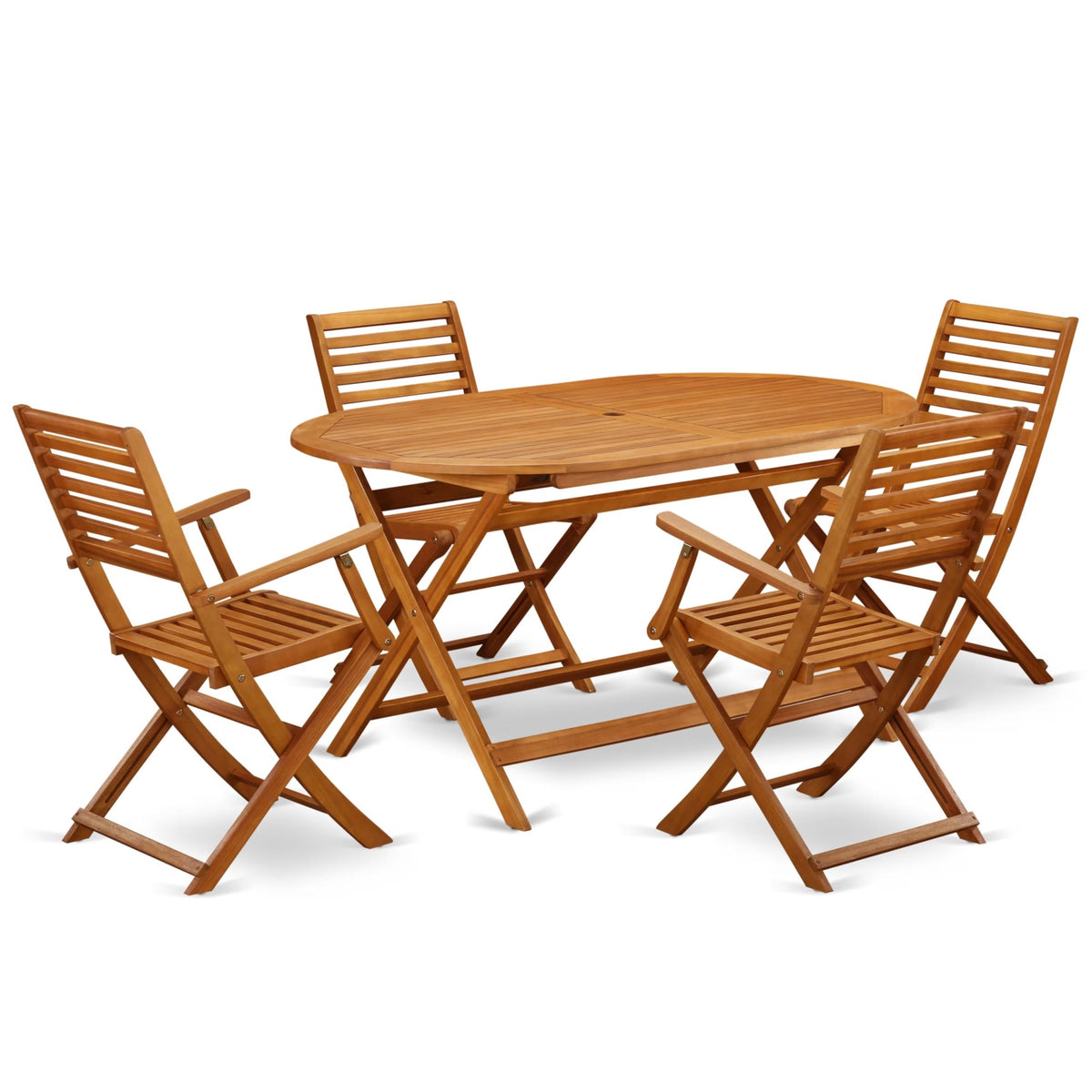 Casafoyer Dibs5Cana 5 Piece Patio Dining Set Includes An Oval Outdoor Acacia Wood Table And 4 Folding Arm Chairs, 36X60 Inch, Natural Oil