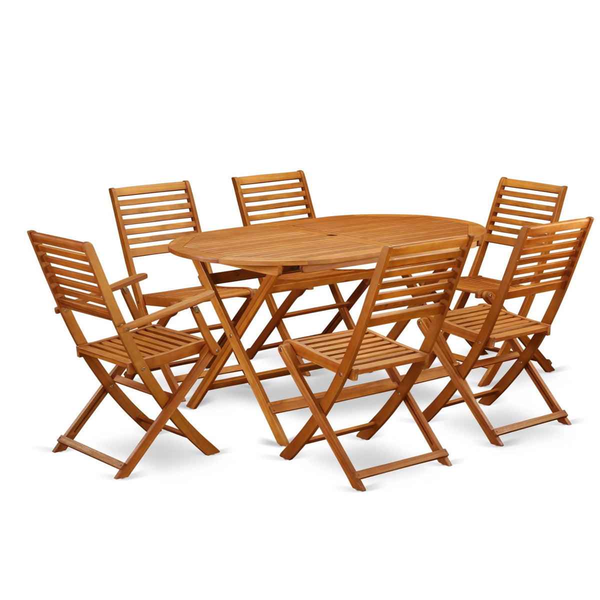 Casafoyer Dibs72Cana Diboll 7 Piece Patio Dining Set Consist Of An Oval Outdoor Acacia Wood Table And 2 Folding Arm 4 Side Chairs, 36X60 Inch, Natural Oil