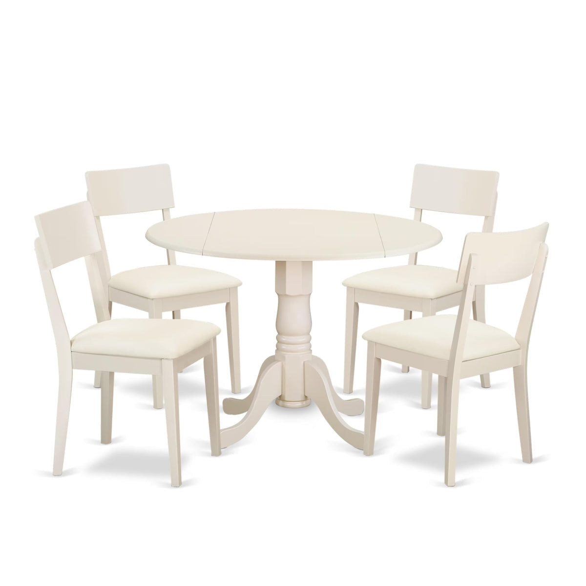 Casafoyer Dlad5-Lwh-Lc 5 Piece Modern Dining Table Set Includes A Round Wooden Table With Dropleaf And 4 Faux Leather Dining Room Chairs, 42X42 Inch, Linen White