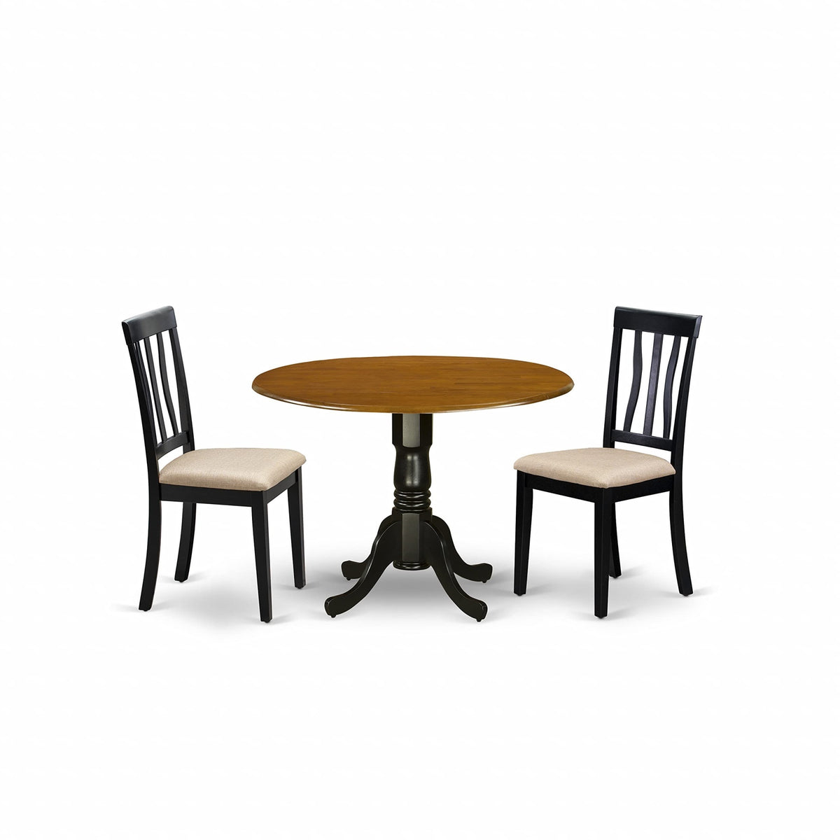 Casafoyer Dlan3-Bch-C 3 Piece Dining Room Table Set Contains A Round Kitchen Table With Dropleaf And 2 Linen Fabric Upholstered Dining Chairs, 42X42 Inch, Black & Cherry