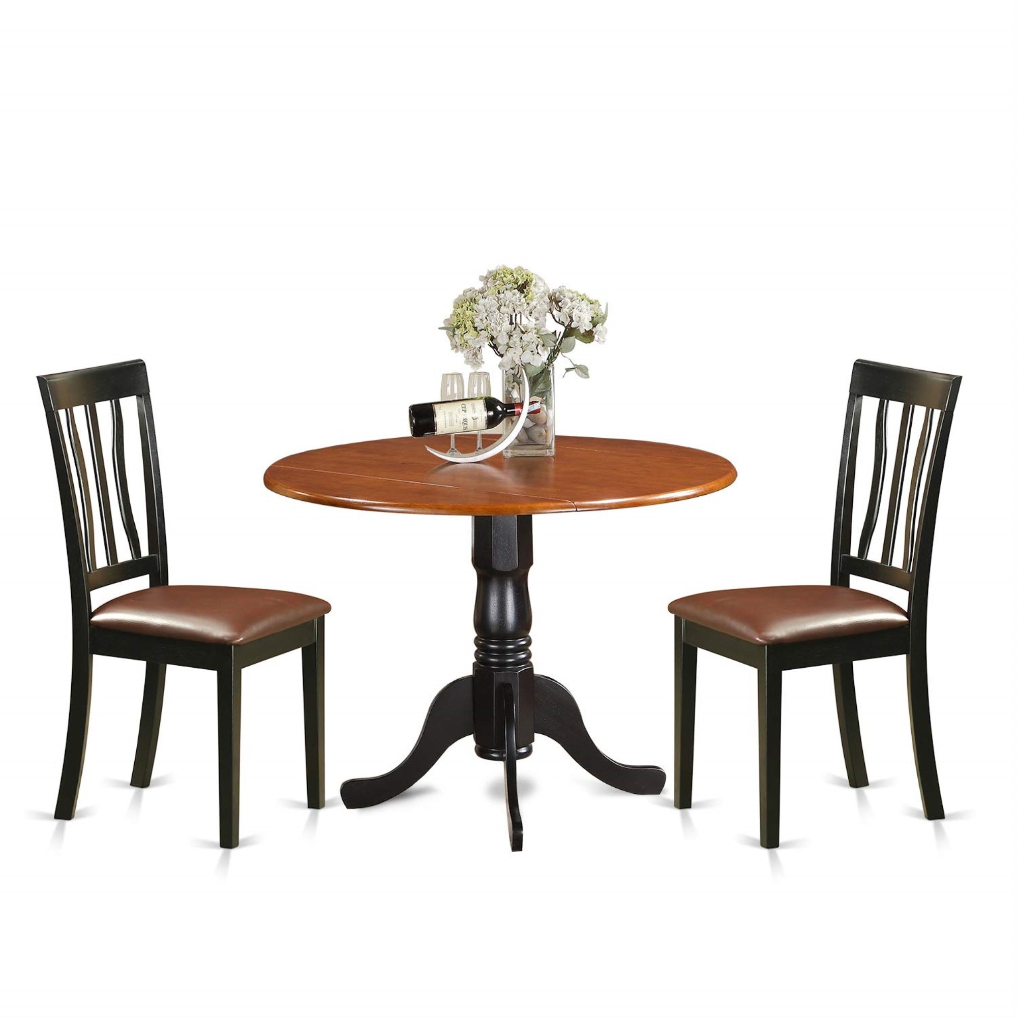 Casafoyer Dlan3-Bch-Lc 3 Piece Kitchen Table Set For Small Spaces Contains A Round Dining Room Table With Dropleaf And 2 Faux Leather Upholstered Chairs, 42X42 Inch, Black & Cherry
