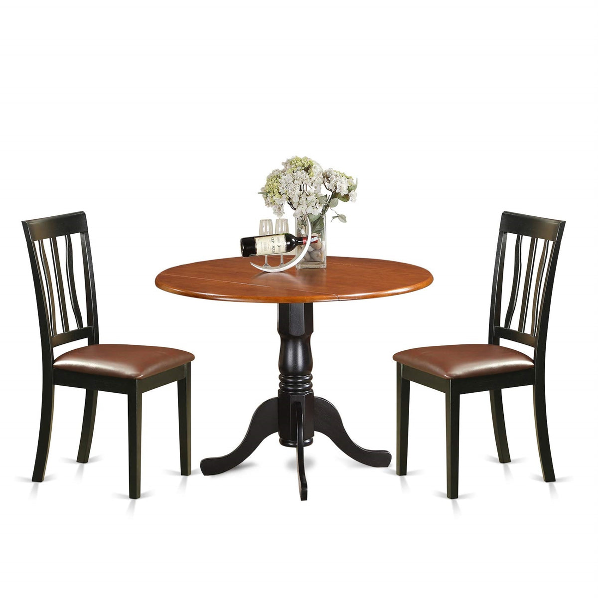 Casafoyer Dlan3-Bch-Lc 3 Piece Kitchen Table Set For Small Spaces Contains A Round Dining Room Table With Dropleaf And 2 Faux Leather Upholstered Chairs, 42X42 Inch, Black & Cherry