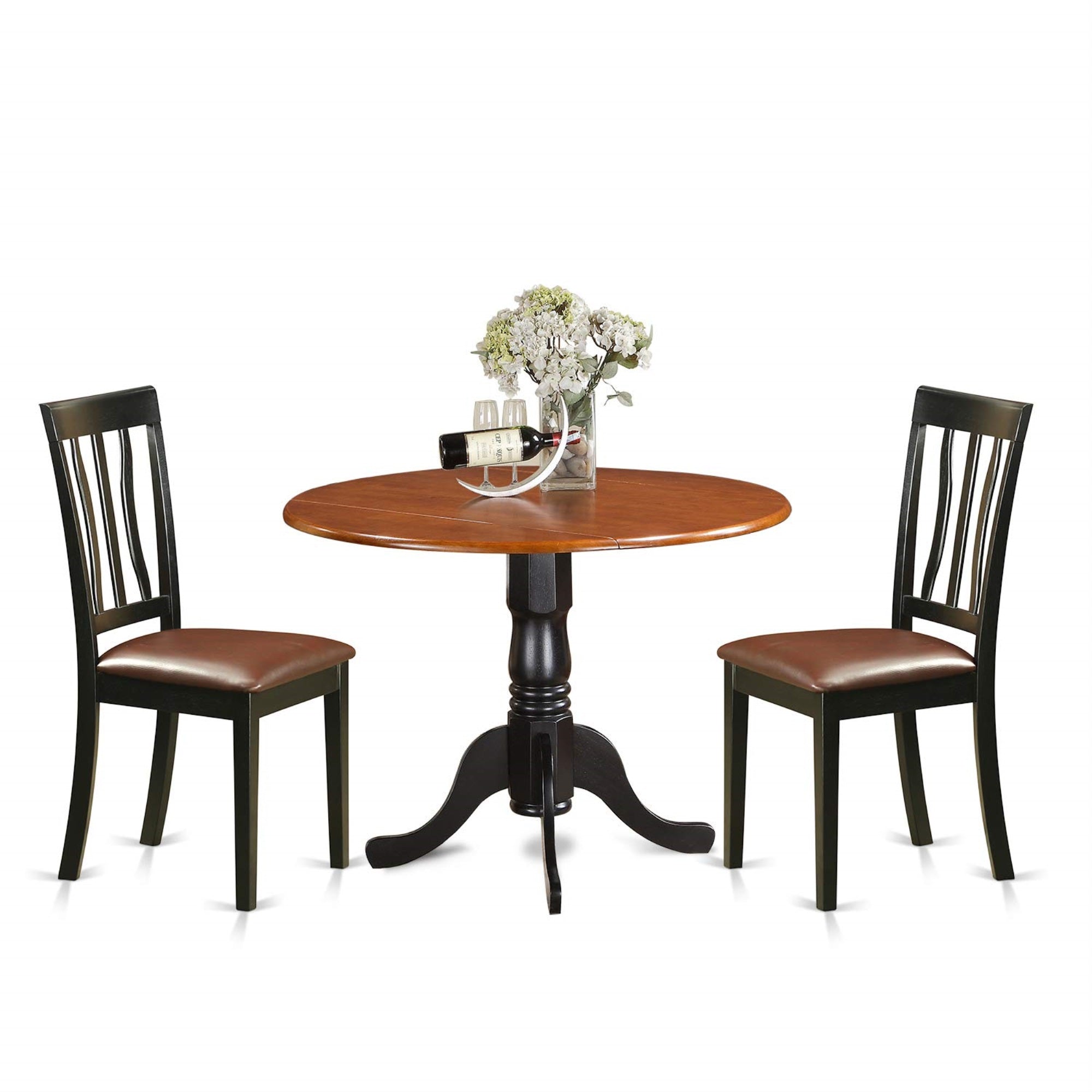 East West Furniture Dlan3-Bch-Lc 3 Piece Kitchen Table Set For Small Spaces Contains A Round Dining Room Table With Dropleaf And 2 Faux Leather Upholstered Chairs, 42X42 Inch, Black & Cherry