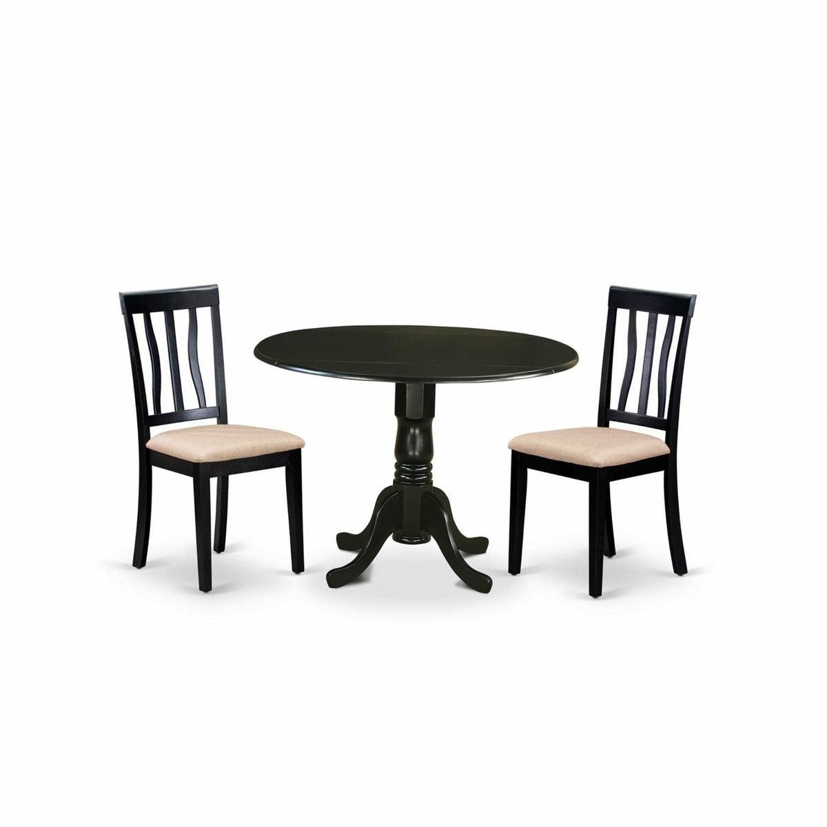 Casafoyer Dlan3-Blk-C 3 Piece Dining Table Set For Small Spaces Contains A Round Dining Room Table With Dropleaf And 2 Linen Fabric Upholstered Chairs, 42X42 Inch, Black