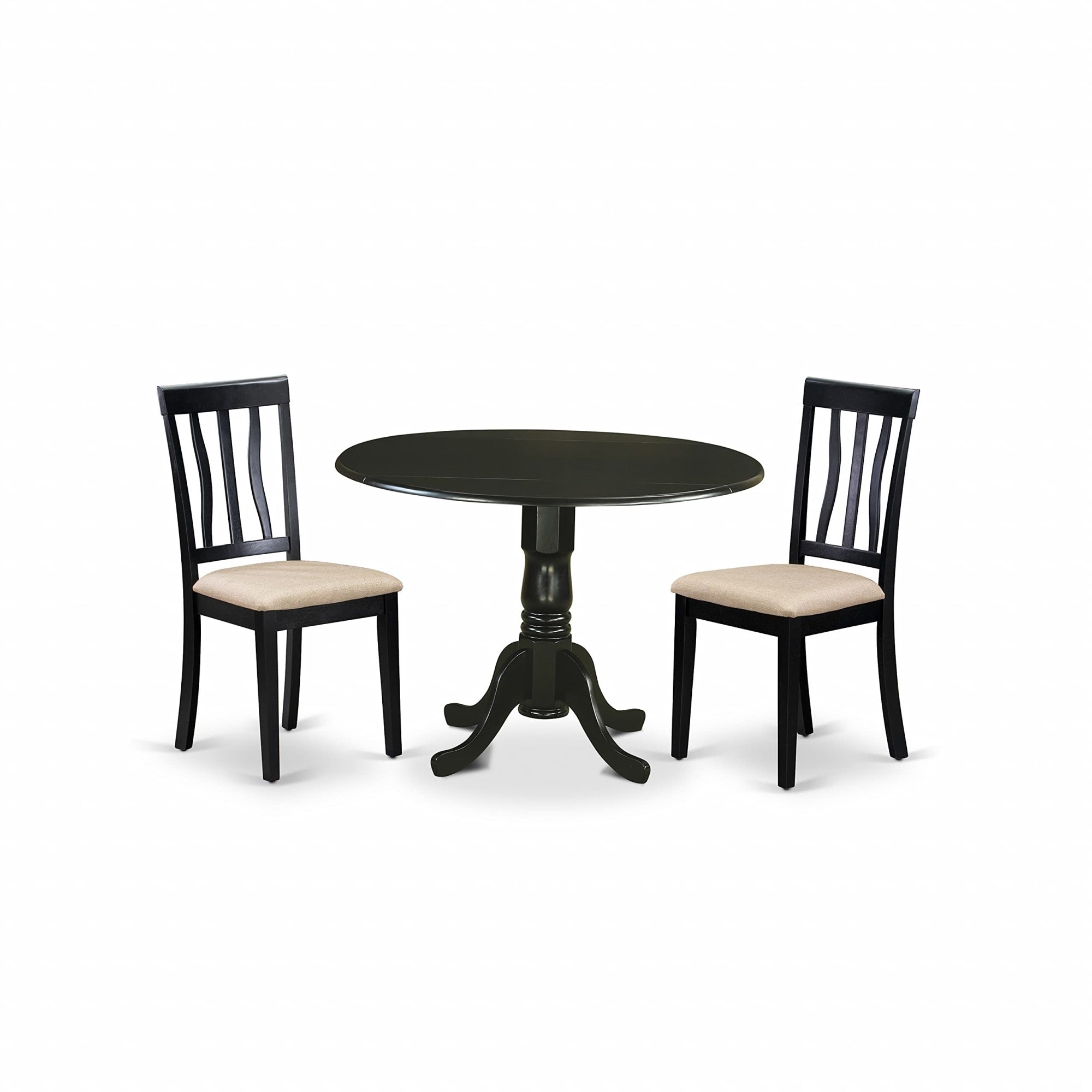 East West Furniture Dlan3-Blk-C 3 Piece Dining Table Set For Small Spaces Contains A Round Dining Room Table With Dropleaf And 2 Linen Fabric Upholstered Chairs, 42X42 Inch, Black