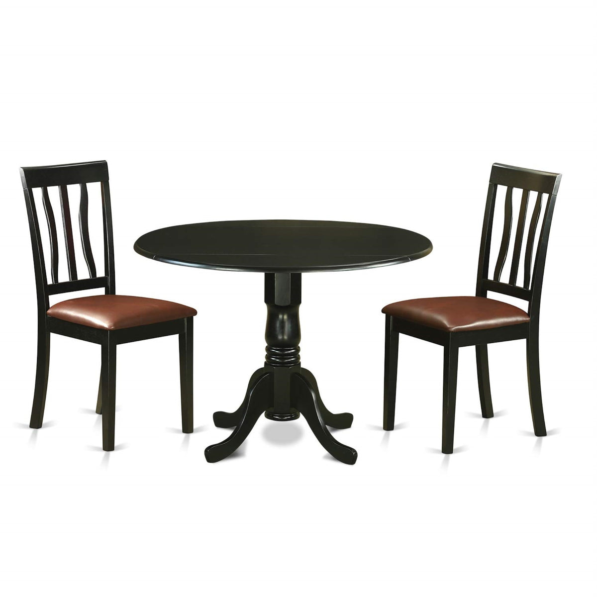 Casafoyer Dlan3-Blk-Lc 3 Piece Dinette Set For Small Spaces Contains A Round Dining Table With Dropleaf And 2 Faux Leather Upholstered Dining Chairs, 42X42 Inch, Black